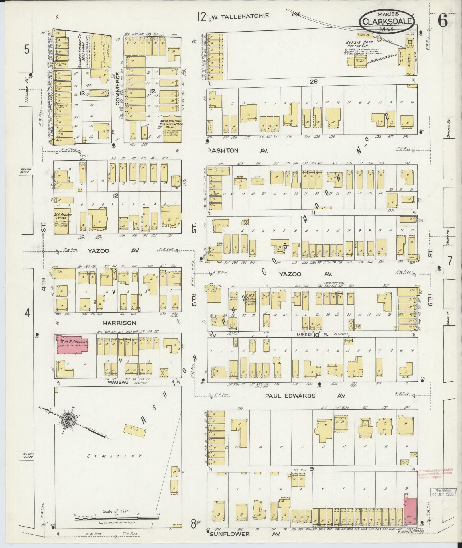 Sanborn Fire Insurance Map from Clarksdale, Coahoma County, Mississippi (1918), Sheet #0006 - Complete Map Set gallery image, historic Sanborn map, vintage wall art, Mississippi Mississippi