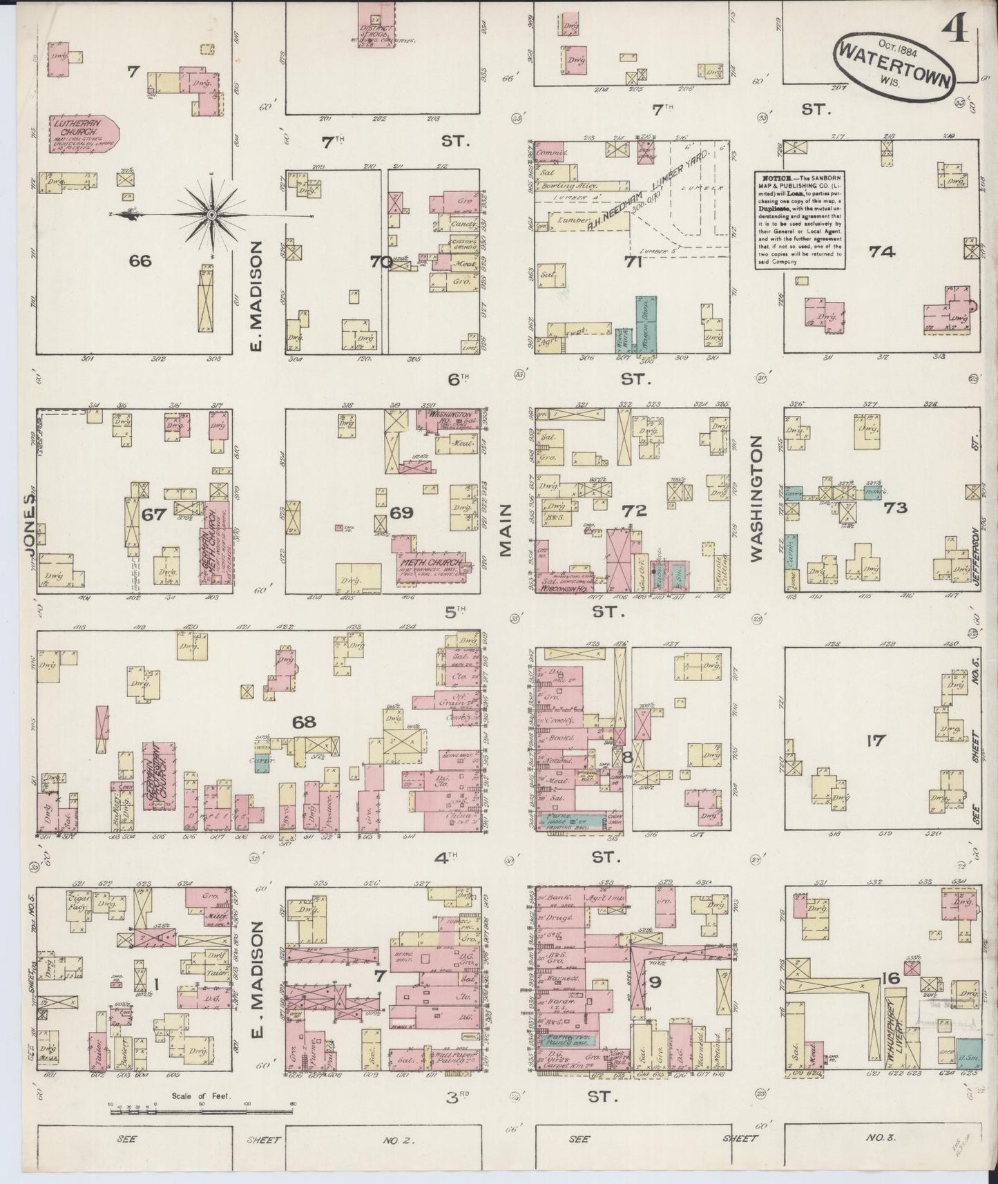 Sanborn Fire Insurance Map from Watertown, Jefferson County, Wisconsin (1884), Sheet #0004 - Historic Sanborn Fire Insurance Map Print, vintage old map wall art, antique decor, genealogy gift, Wisconsin Wisconsin map