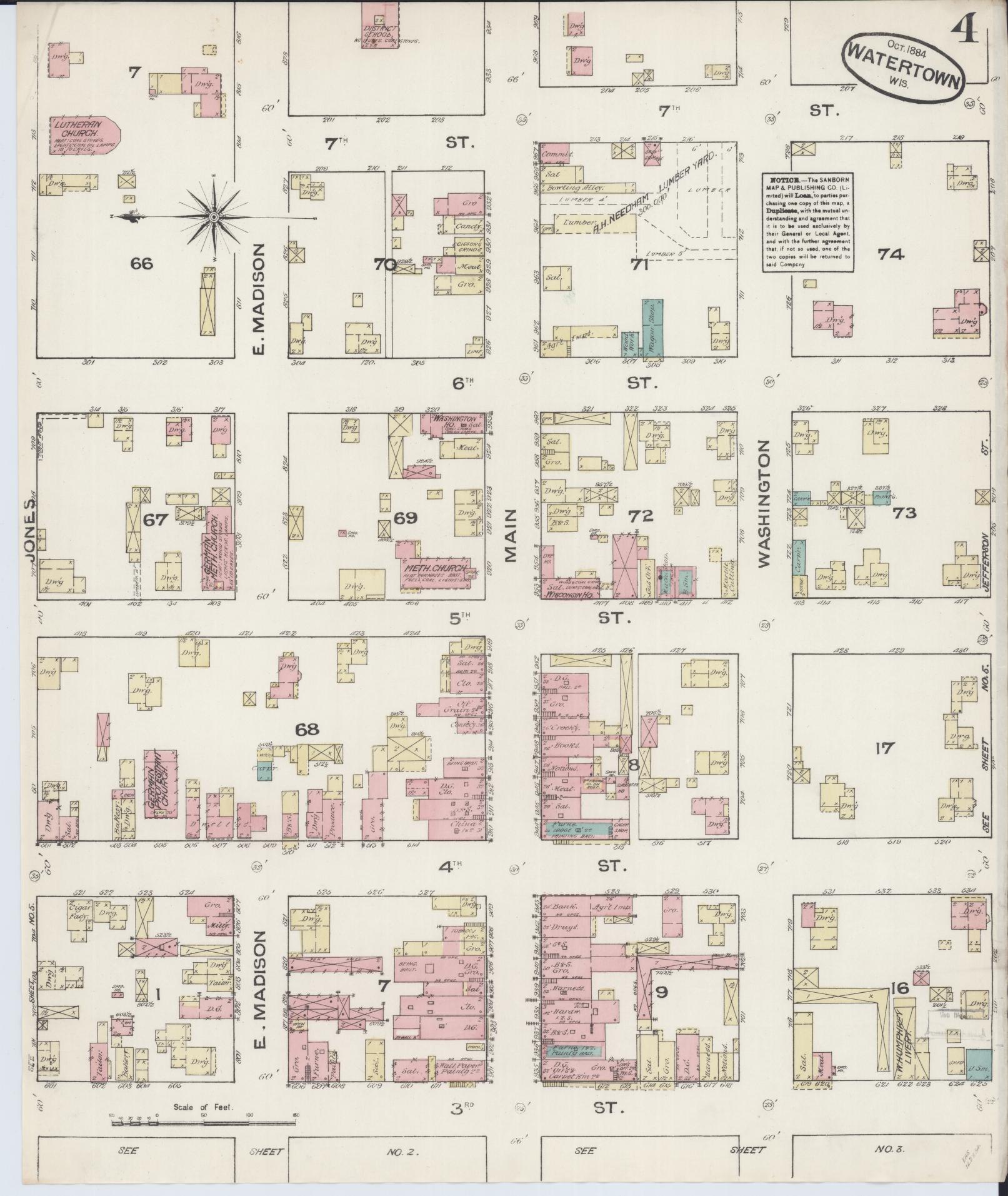 Sanborn Fire Insurance Map from Watertown, Jefferson County, Wisconsin (1884), Sheet #0004 - Historic Sanborn Fire Insurance Map Print, vintage old map wall art, antique decor, genealogy gift, Wisconsin Wisconsin map