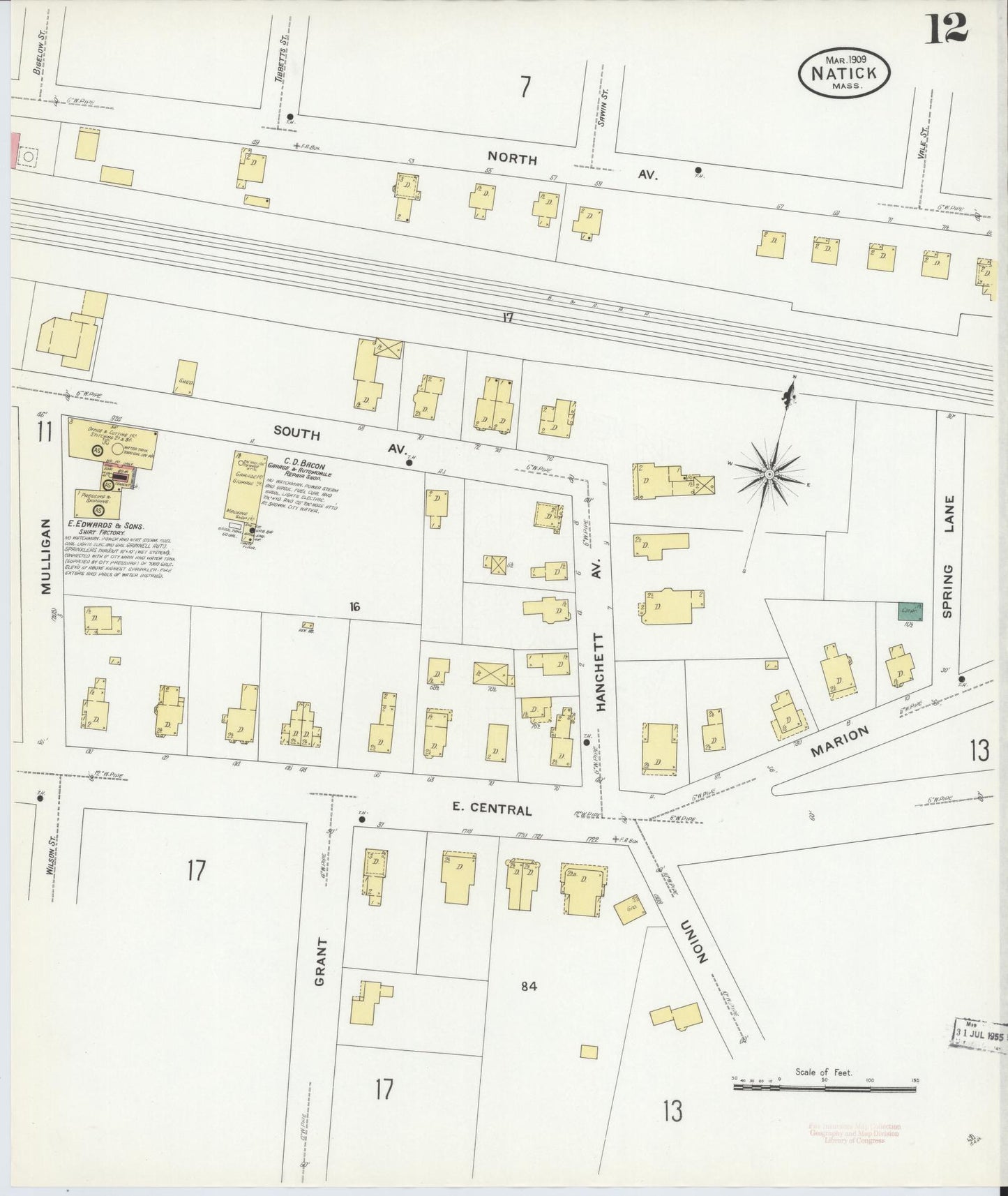 Sanborn Fire Insurance Map from Natick, Middlesex County, Massachusetts (1909), Sheet #0012 - Historic Sanborn Fire Insurance Map Print, vintage old map wall art, antique decor, genealogy gift, Massachusetts Massachusetts map