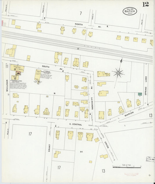 Sanborn Fire Insurance Map from Natick, Middlesex County, Massachusetts (1909), Sheet #0012 - Historic Sanborn Fire Insurance Map Print, vintage old map wall art, antique decor, genealogy gift, Massachusetts Massachusetts map