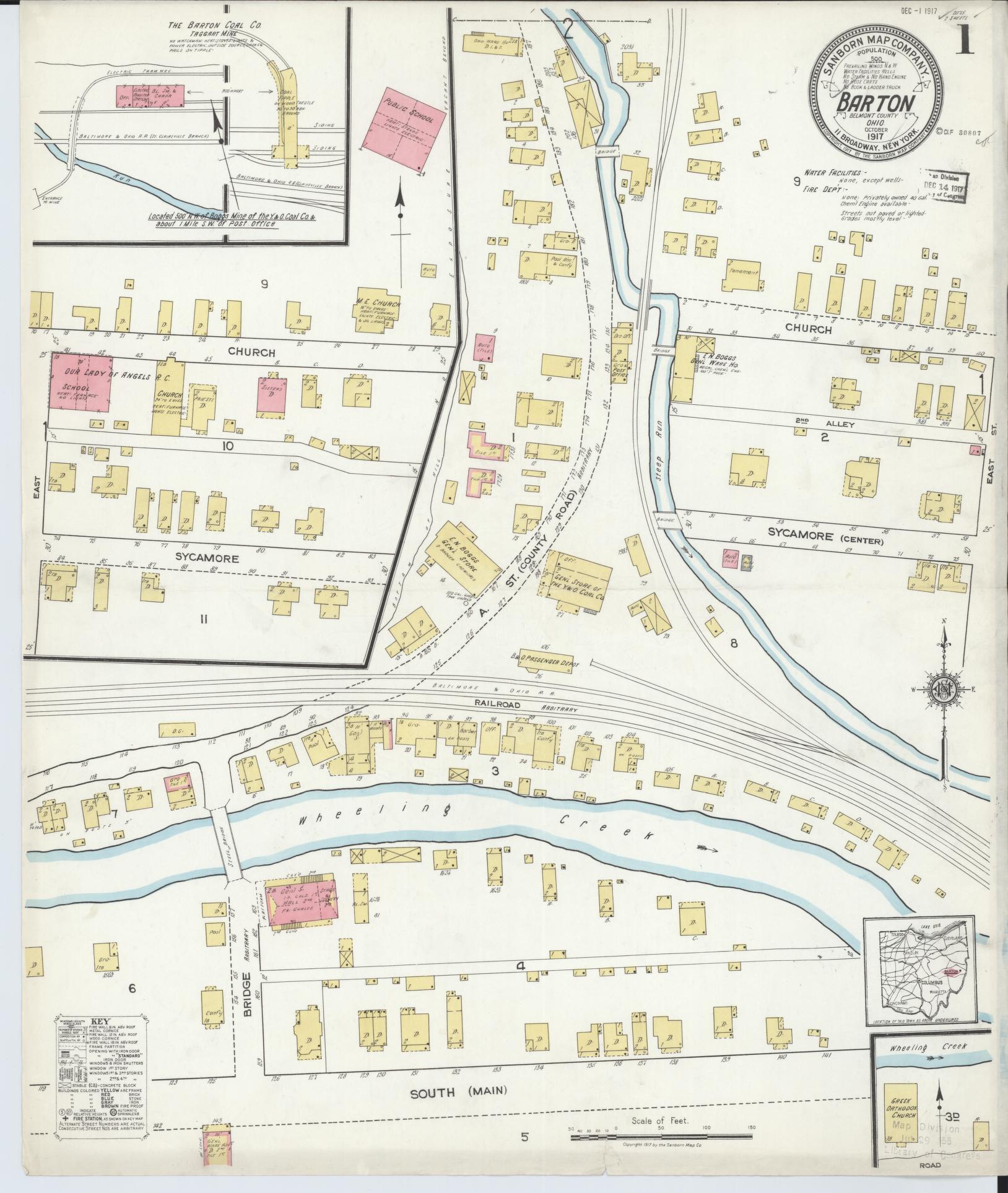 Sanborn Fire Insurance Map from Barton, Belmont County, Ohio (1917), Sheet #0001 - Historic Sanborn Fire Insurance Map Print, vintage old map wall art, antique decor, genealogy gift, Ohio Ohio map