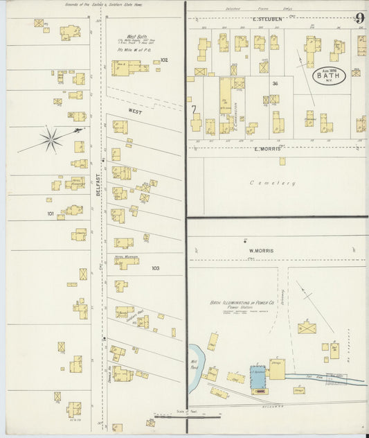Sanborn Fire Insurance Map from Bath, Steuben County, New York (1898), Sheet #0009 - Historic Sanborn Fire Insurance Map Print, vintage old map wall art, antique decor, genealogy gift, New York New York map