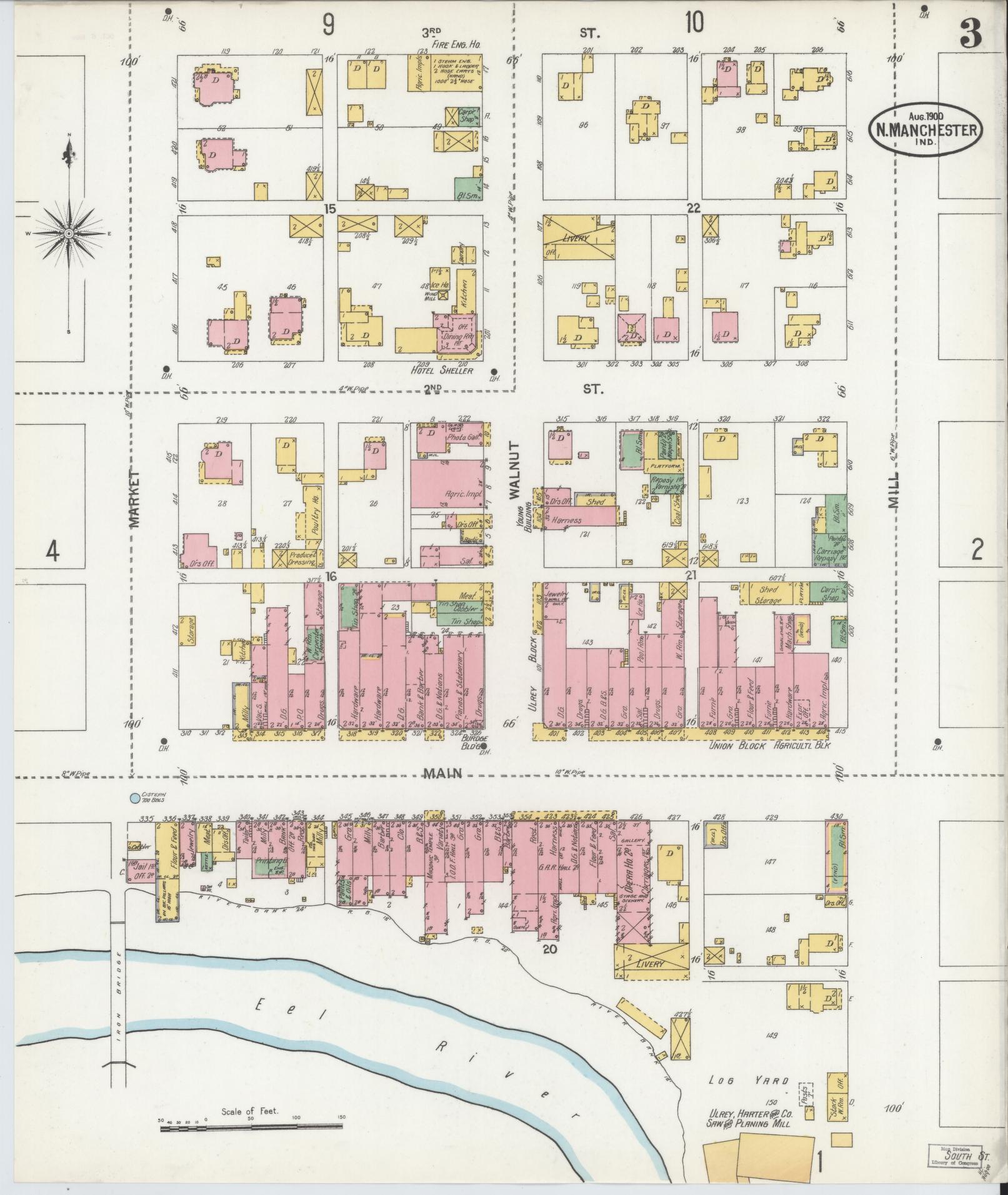Sanborn Fire Insurance Map from North Manchester, Wabash County, Indiana (1900), Sheet #0003 - Complete Map Set gallery image, historic Sanborn map, vintage wall art, Indiana Indiana