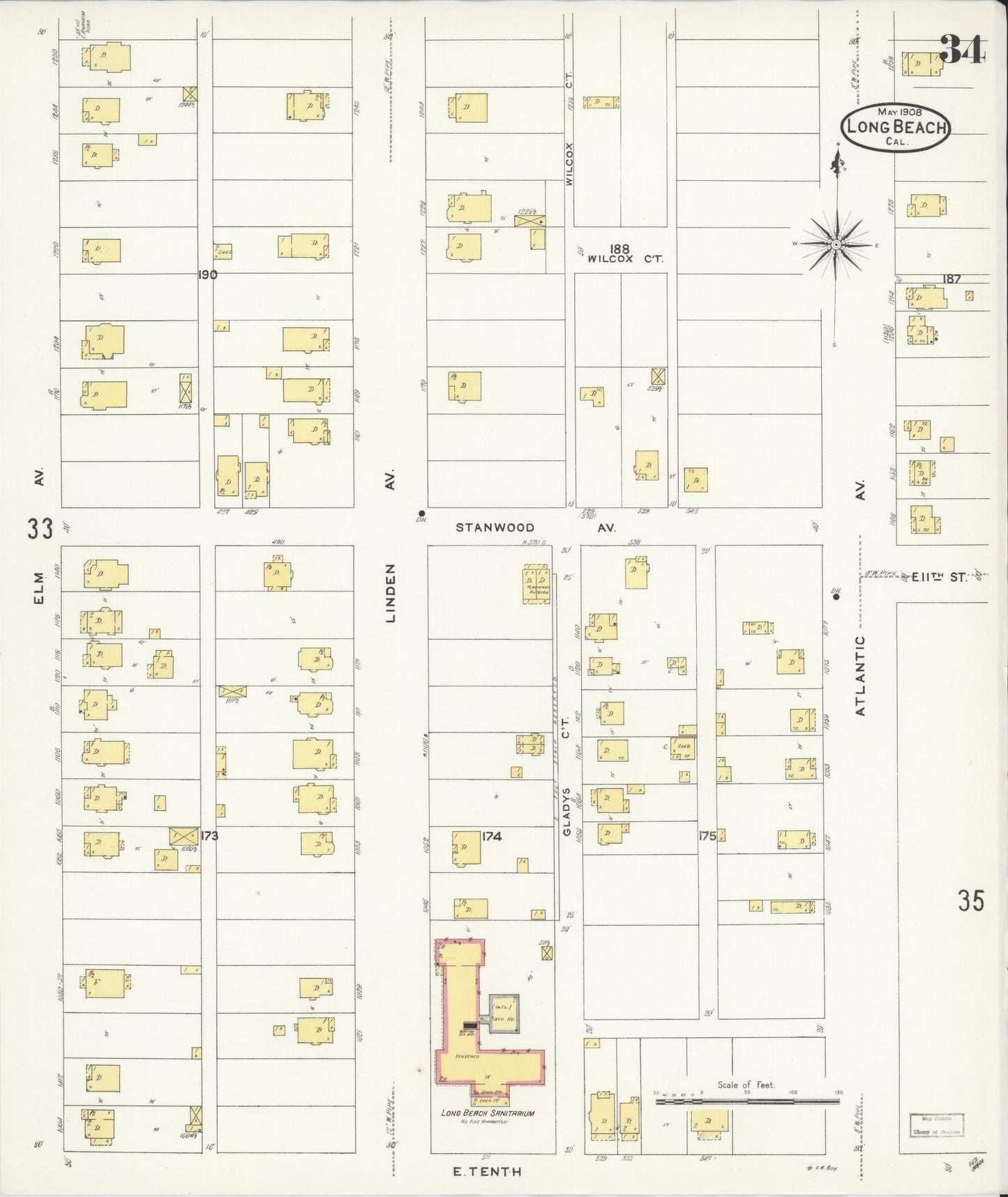 Sanborn Fire Insurance Map from Long Beach, Los Angeles County, California (1908), Sheet #0034 - Historic Sanborn Fire Insurance Map Print, vintage old map wall art, antique decor, genealogy gift, California California map