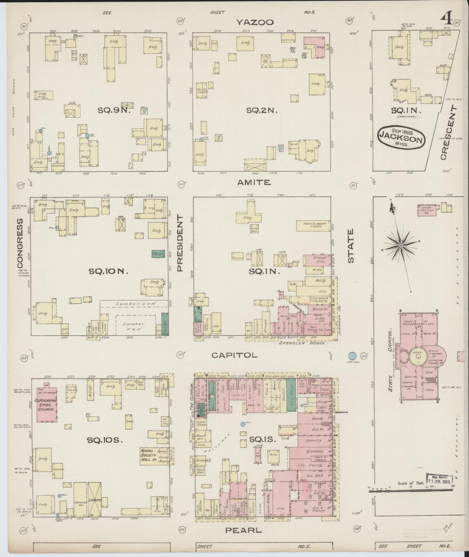 Sanborn Fire Insurance Map from Jackson, Hinds County, Mississippi (1885), Sheet #0004 - Complete Map Set gallery image, historic Sanborn map, vintage wall art, Mississippi Mississippi