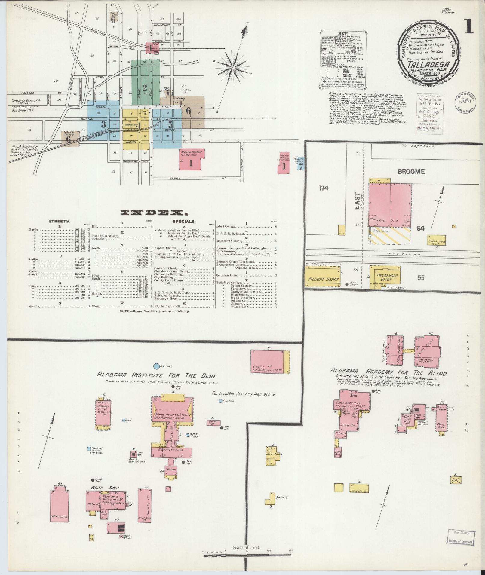 Sanborn Fire Insurance Map from Talladega, Talladega County, Alabama (1900), Sheet #0001 - Historic Sanborn Fire Insurance Map Print, vintage old map wall art, antique decor, genealogy gift, Alabama Alabama map