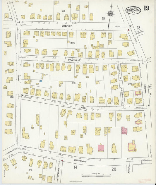 Sanborn Fire Insurance Map from Oneonta, Otsego County, New York (1916), Sheet #0019 - Historic Sanborn Fire Insurance Map Print, vintage old map wall art, antique decor, genealogy gift, New York New York map