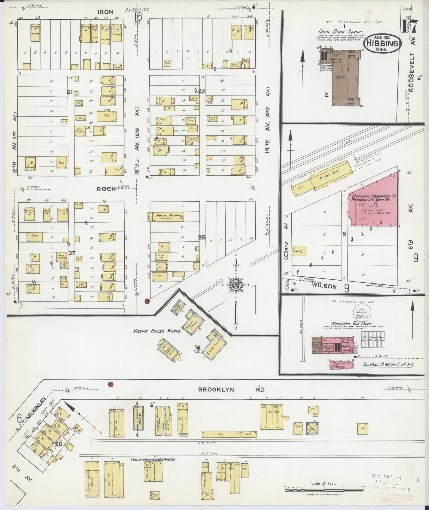 Sanborn Fire Insurance Map from Hibbing, Saint Louis County, Minnesota (1921), Sheet #0017 - Historic Sanborn Fire Insurance Map Print, vintage old map wall art, antique decor, genealogy gift, Minnesota Minnesota map