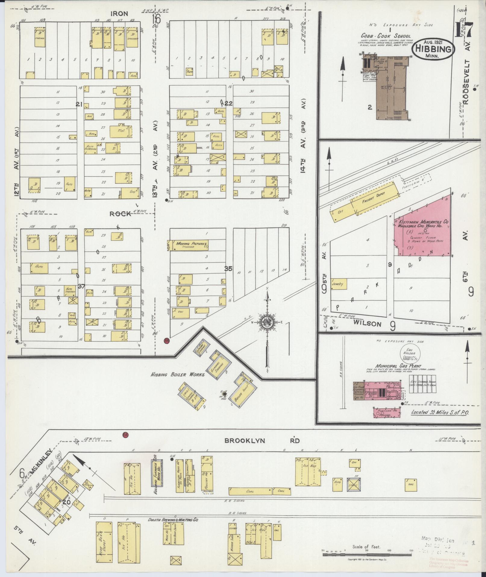 Sanborn Fire Insurance Map from Hibbing, Saint Louis County, Minnesota (1921), Sheet #0017 - Historic Sanborn Fire Insurance Map Print, vintage old map wall art, antique decor, genealogy gift, Minnesota Minnesota map