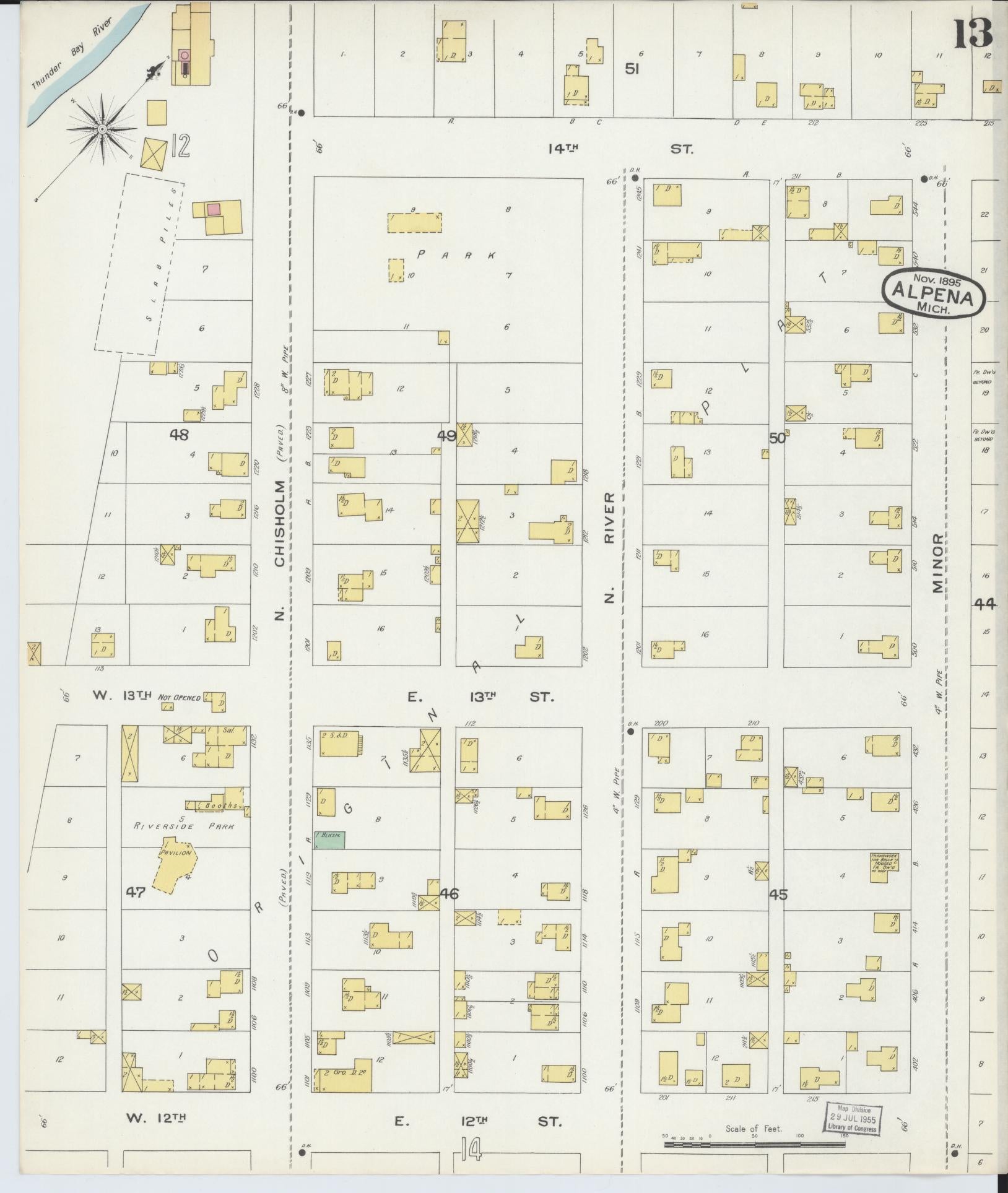 Sanborn Fire Insurance Map from Alpena, Alpena County, Michigan (1895), Sheet #0013 - Historic Sanborn Fire Insurance Map Print, vintage old map wall art, antique decor, genealogy gift, Michigan Michigan map