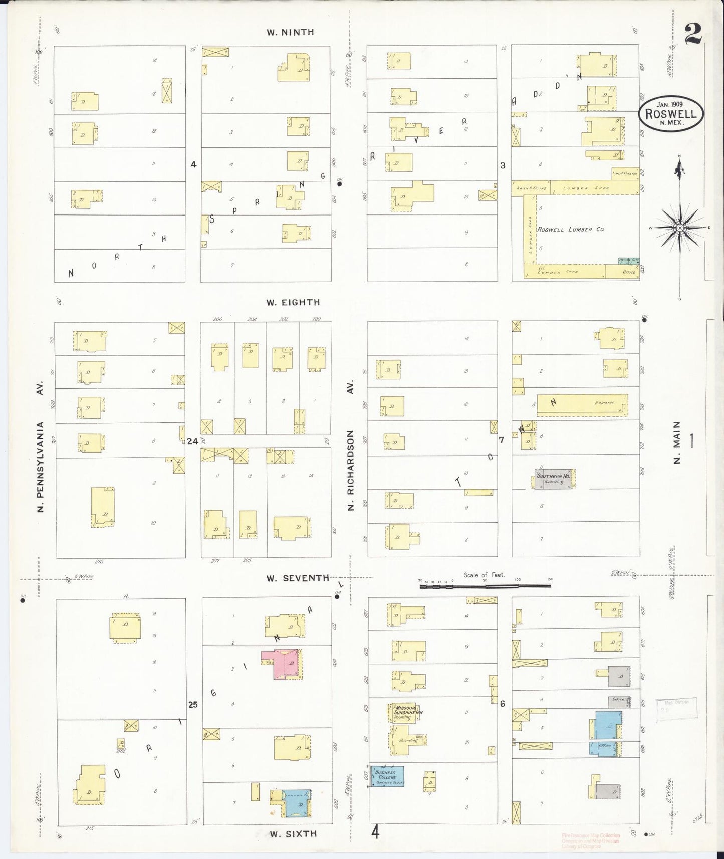 Sanborn Fire Insurance Map from Roswell, Chaves County, New Mexico (1909), Sheet #0002 - Complete Map Set gallery image, historic Sanborn map, vintage wall art, New Mexico New Mexico