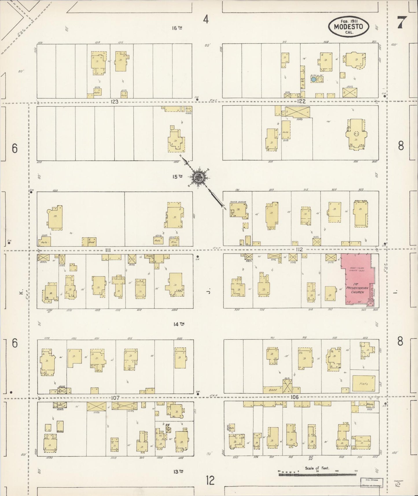 Sanborn Fire Insurance Map from Modesto, Stanislaus County, California (1911), Sheet #0007 - Historic Sanborn Fire Insurance Map Print, vintage old map wall art, antique decor, genealogy gift, California California map
