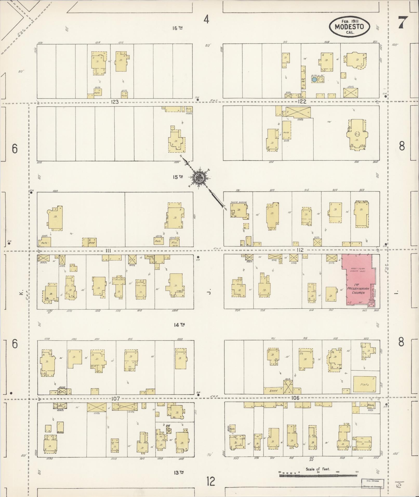 Sanborn Fire Insurance Map from Modesto, Stanislaus County, California (1911), Sheet #0007 - Historic Sanborn Fire Insurance Map Print, vintage old map wall art, antique decor, genealogy gift, California California map