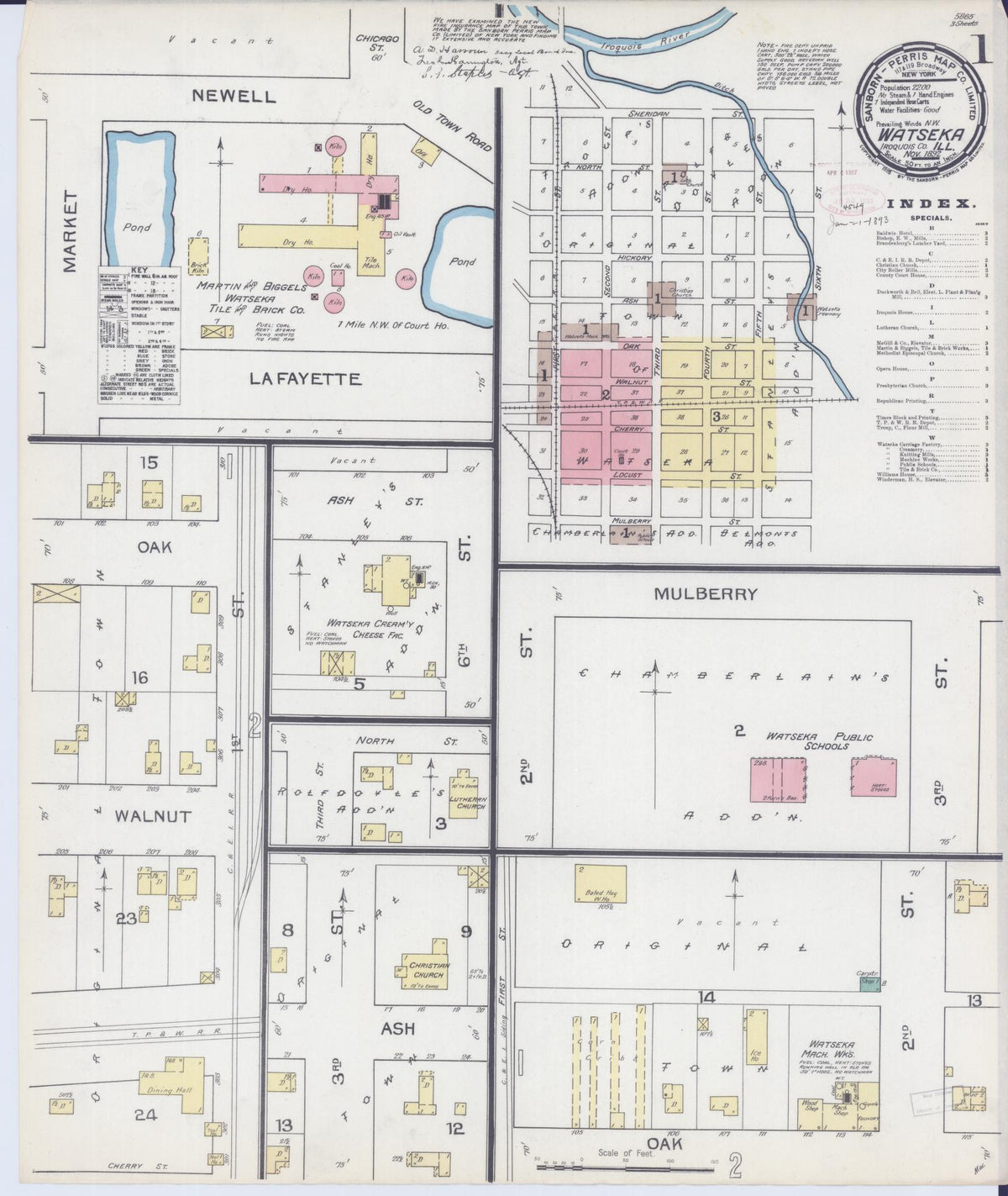 Sanborn Fire Insurance Map from Watseka, Iroquois County, Illinois (1892), Sheet #0001 - Complete Map Set gallery image, historic Sanborn map, vintage wall art, Illinois Illinois