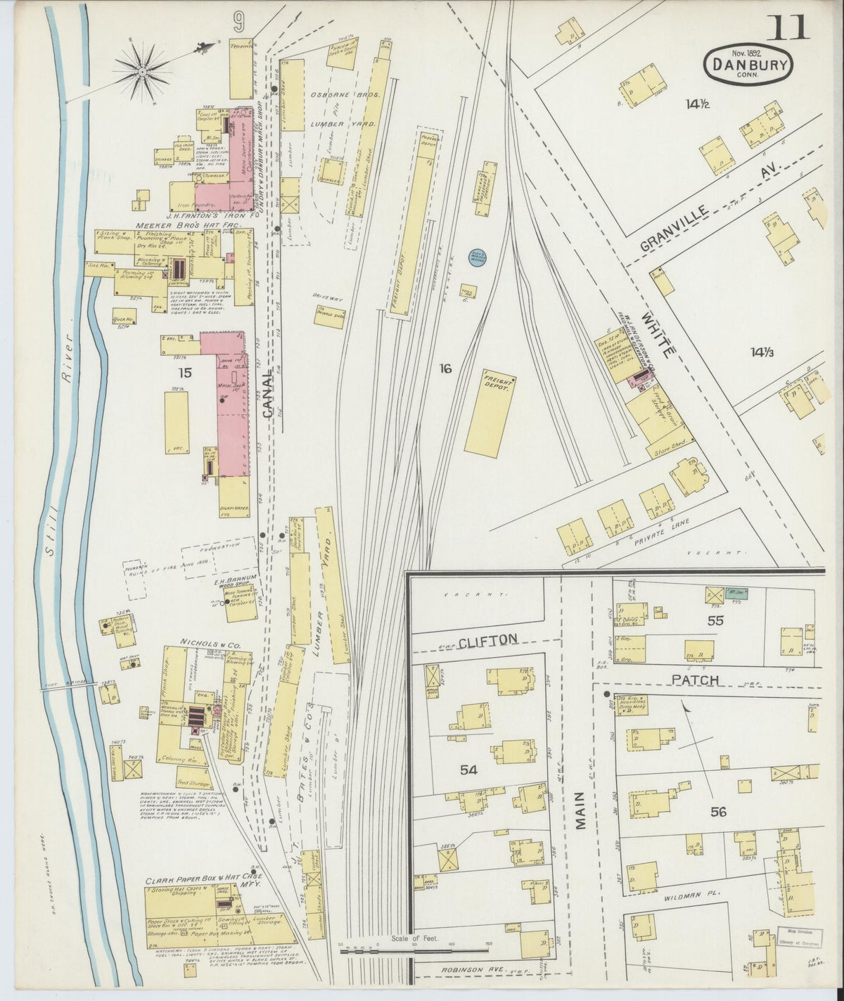 Sanborn Fire Insurance Map from Danbury, Fairfield County, Connecticut (1892), Sheet #0011 - Historic Sanborn Fire Insurance Map Print, vintage old map wall art, antique decor, genealogy gift, Connecticut Connecticut map