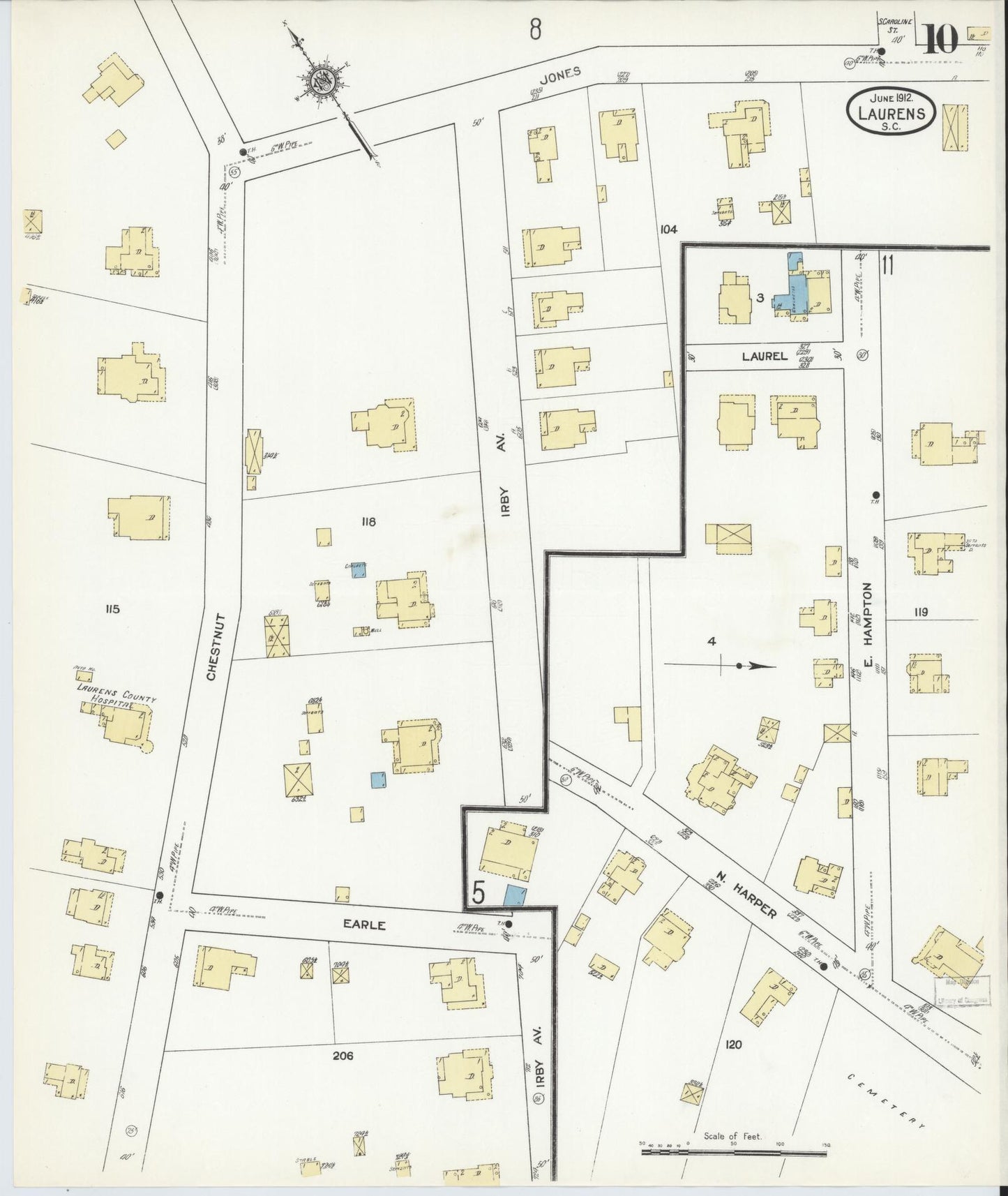 Sanborn Fire Insurance Map from Laurens, Laurens County, South Carolina (1912), Sheet #0010 - Historic Sanborn Fire Insurance Map Print, vintage old map wall art, antique decor, genealogy gift, South Carolina South Carolina map