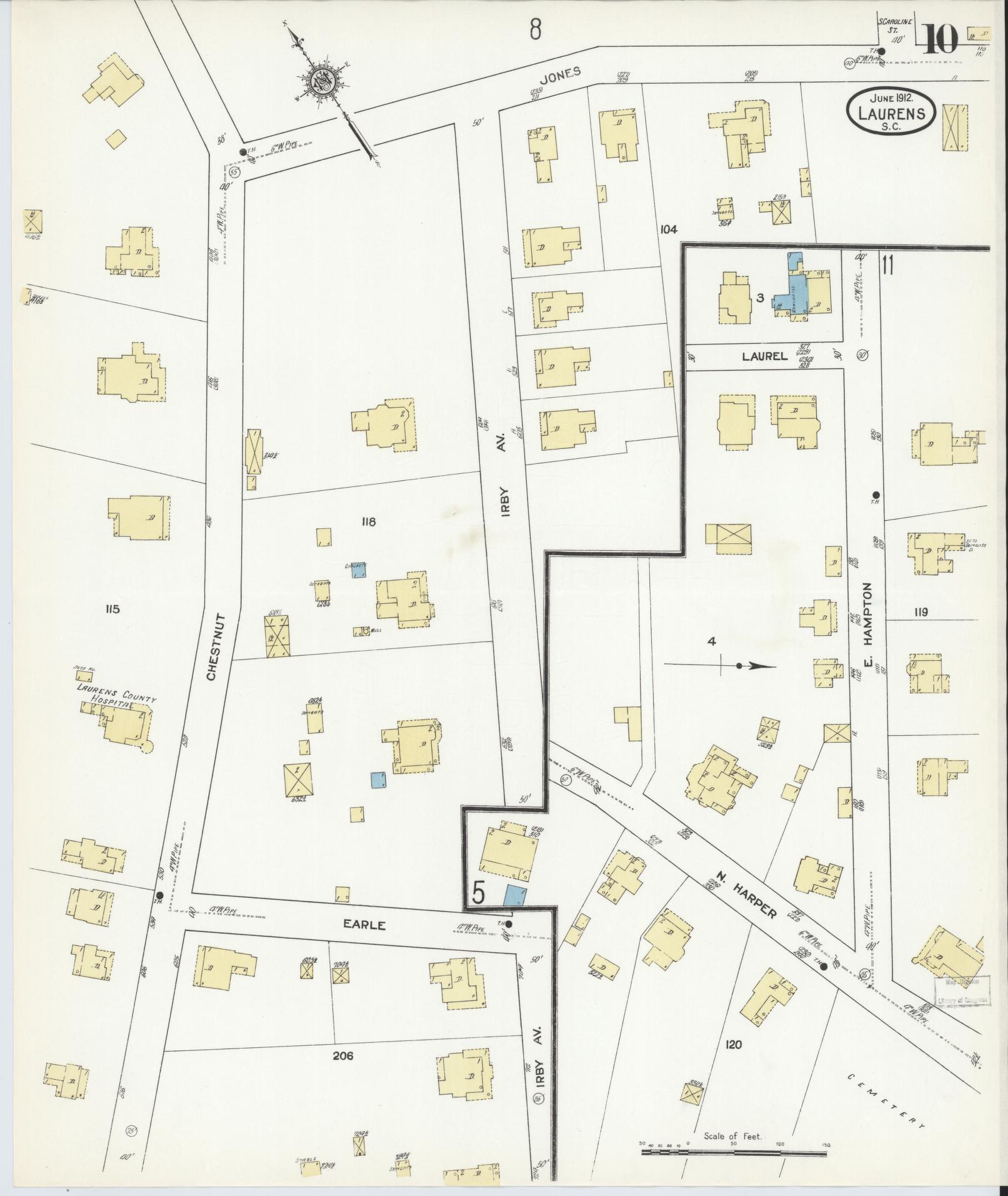 Sanborn Fire Insurance Map from Laurens, Laurens County, South Carolina (1912), Sheet #0010 - Historic Sanborn Fire Insurance Map Print, vintage old map wall art, antique decor, genealogy gift, South Carolina South Carolina map