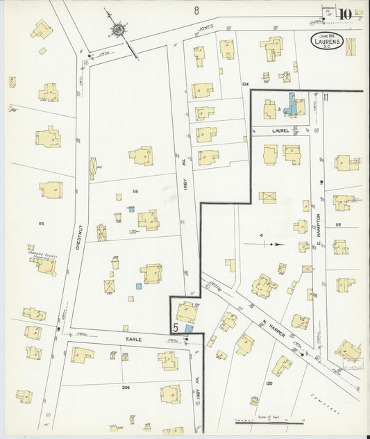 Sanborn Fire Insurance Map from Laurens, Laurens County, South Carolina (1912), Sheet #0010 - Historic Sanborn Fire Insurance Map Print, vintage old map wall art, antique decor, genealogy gift, South Carolina South Carolina map