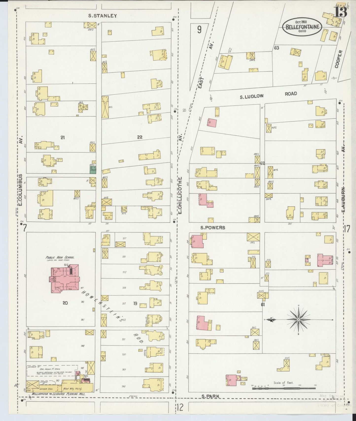 Sanborn Fire Insurance Map from Bellefontaine, Logan County, Ohio (1901), Sheet #0013 - Historic Sanborn Fire Insurance Map Print, vintage old map wall art, antique decor, genealogy gift, Ohio Ohio map