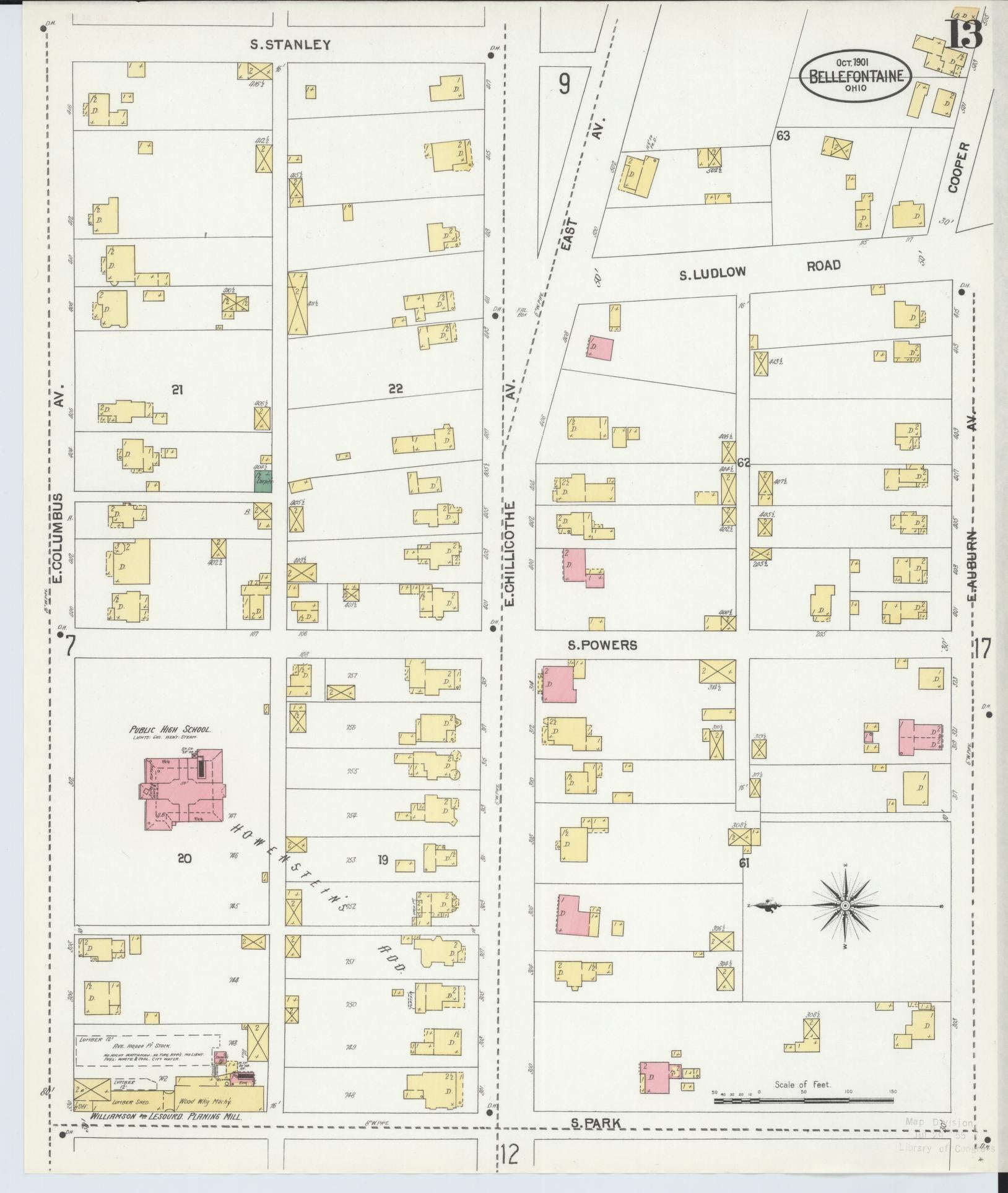 Sanborn Fire Insurance Map from Bellefontaine, Logan County, Ohio (1901), Sheet #0013 - Historic Sanborn Fire Insurance Map Print, vintage old map wall art, antique decor, genealogy gift, Ohio Ohio map