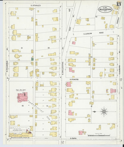 Sanborn Fire Insurance Map from Bellefontaine, Logan County, Ohio (1901), Sheet #0013 - Historic Sanborn Fire Insurance Map Print, vintage old map wall art, antique decor, genealogy gift, Ohio Ohio map