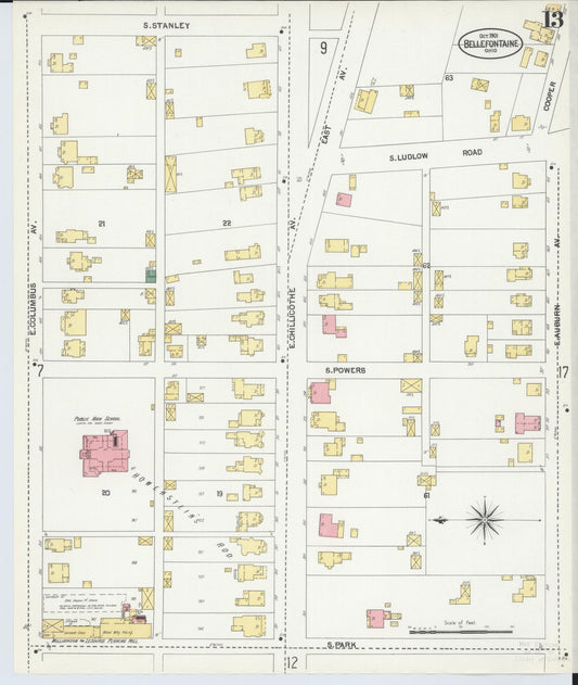 Sanborn Fire Insurance Map from Bellefontaine, Logan County, Ohio (1901), Sheet #0013 - Historic Sanborn Fire Insurance Map Print, vintage old map wall art, antique decor, genealogy gift, Ohio Ohio map