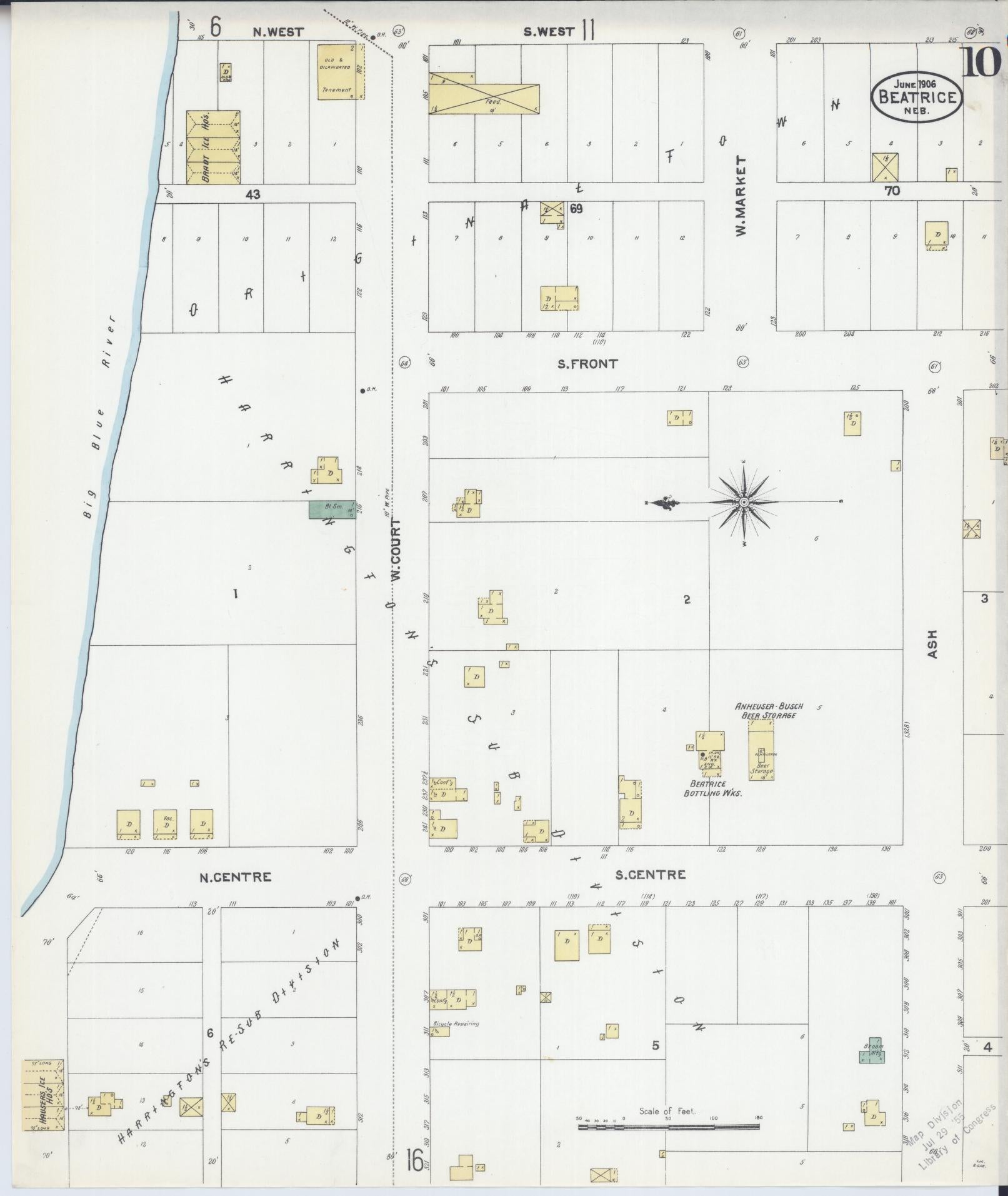 Sanborn Fire Insurance Map from Beatrice, Gage County, Nebraska (1906), Sheet #0010 - Historic Sanborn Fire Insurance Map Print, vintage old map wall art, antique decor, genealogy gift, Nebraska Nebraska map