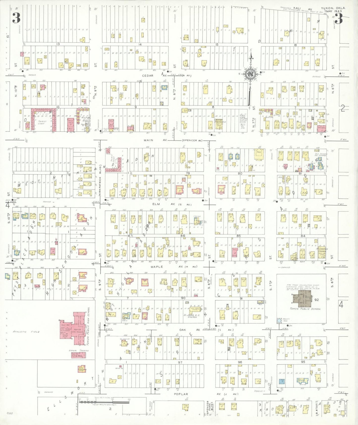 Sanborn Fire Insurance Map from Yukon, Canadian County, Oklahoma (1943), Sheet #0003 - Historic Sanborn Fire Insurance Map Print, vintage old map wall art, antique decor, genealogy gift, Oklahoma Oklahoma map