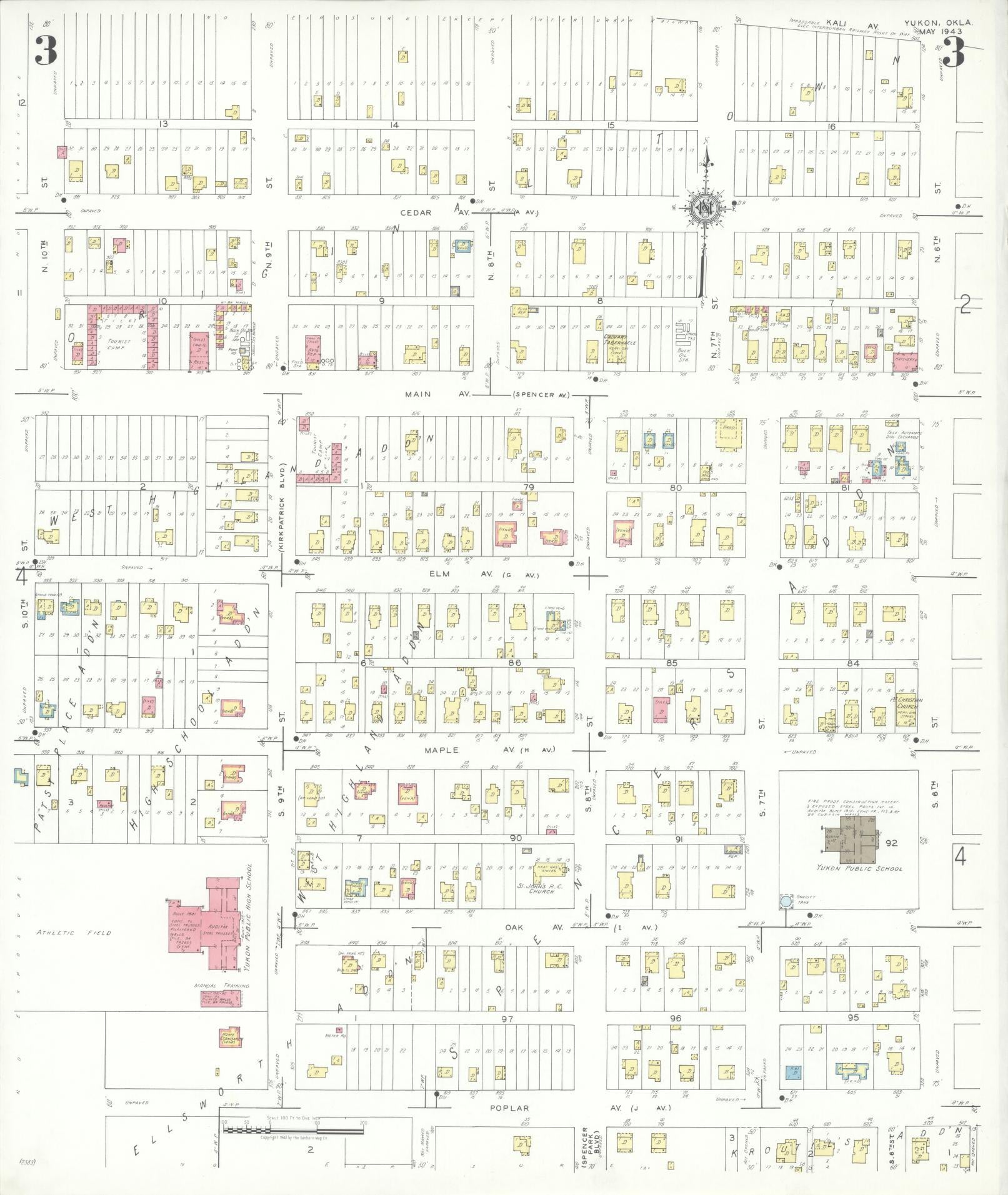 Sanborn Fire Insurance Map from Yukon, Canadian County, Oklahoma (1943), Sheet #0003 - Historic Sanborn Fire Insurance Map Print, vintage old map wall art, antique decor, genealogy gift, Oklahoma Oklahoma map