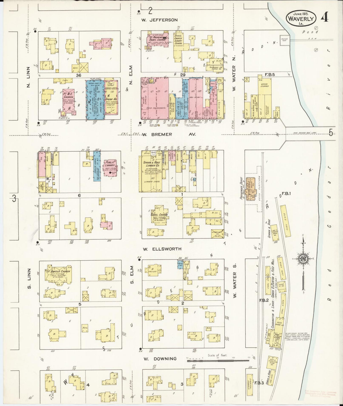 Sanborn Fire Insurance Map from Waverly, Bremer County, Iowa (1915), Sheet #0004 - Historic Sanborn Fire Insurance Map Print, vintage old map wall art