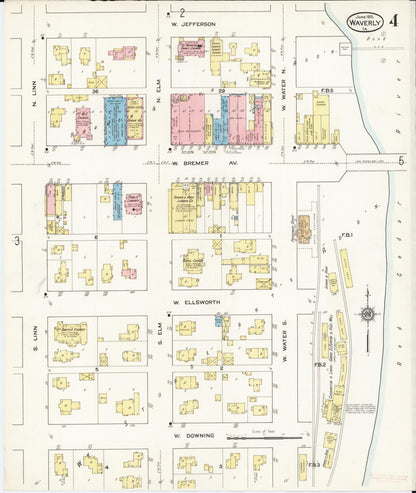 Sanborn Fire Insurance Map from Waverly, Bremer County, Iowa (1915), Sheet #0004 - Historic Sanborn Fire Insurance Map Print, vintage old map wall art