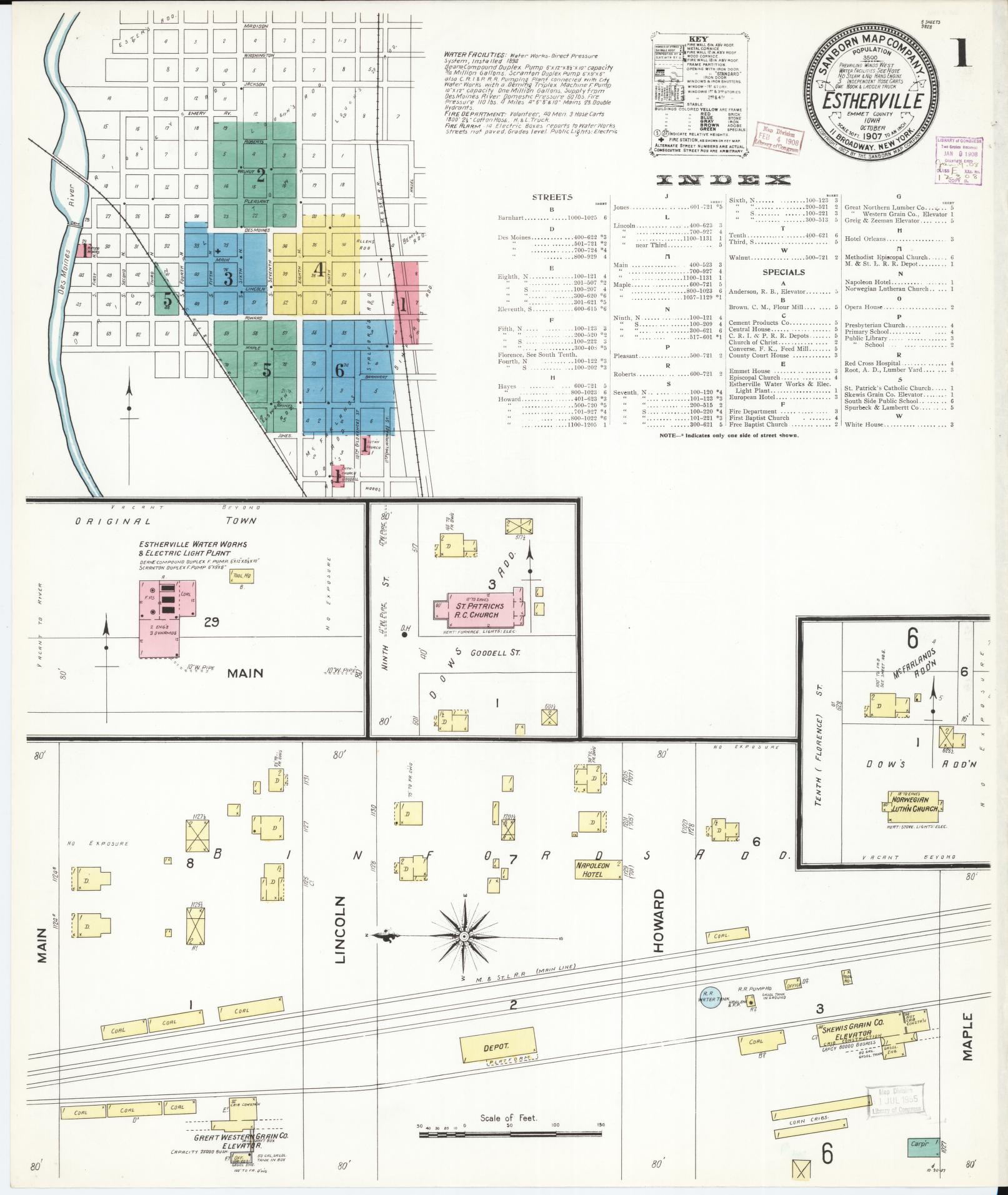 Sanborn Fire Insurance Map from Estherville, Emmet County, Iowa (1907), Sheet #0001 - Historic Sanborn Fire Insurance Map Print, vintage old map wall art