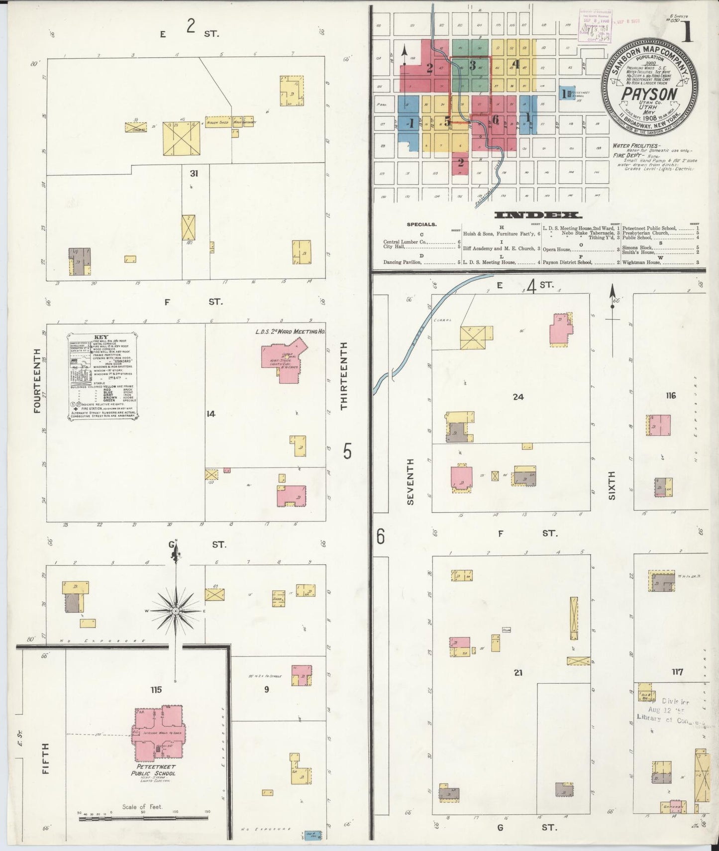 Sanborn Fire Insurance Map from Payson, Utah County, Utah (1908), Sheet #0001 - Historic Sanborn Fire Insurance Map Print, vintage old map wall art, antique decor, genealogy gift, Payson Utah map