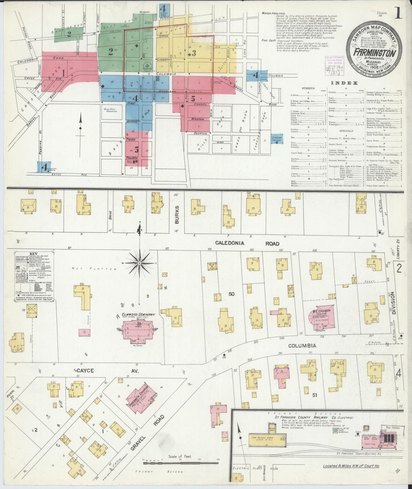 Sanborn Fire Insurance Map from Farmington, Saint Francois County, Missouri (1908), Sheet #0001 - Complete Map Set gallery image, historic Sanborn map, vintage wall art, Missouri Missouri