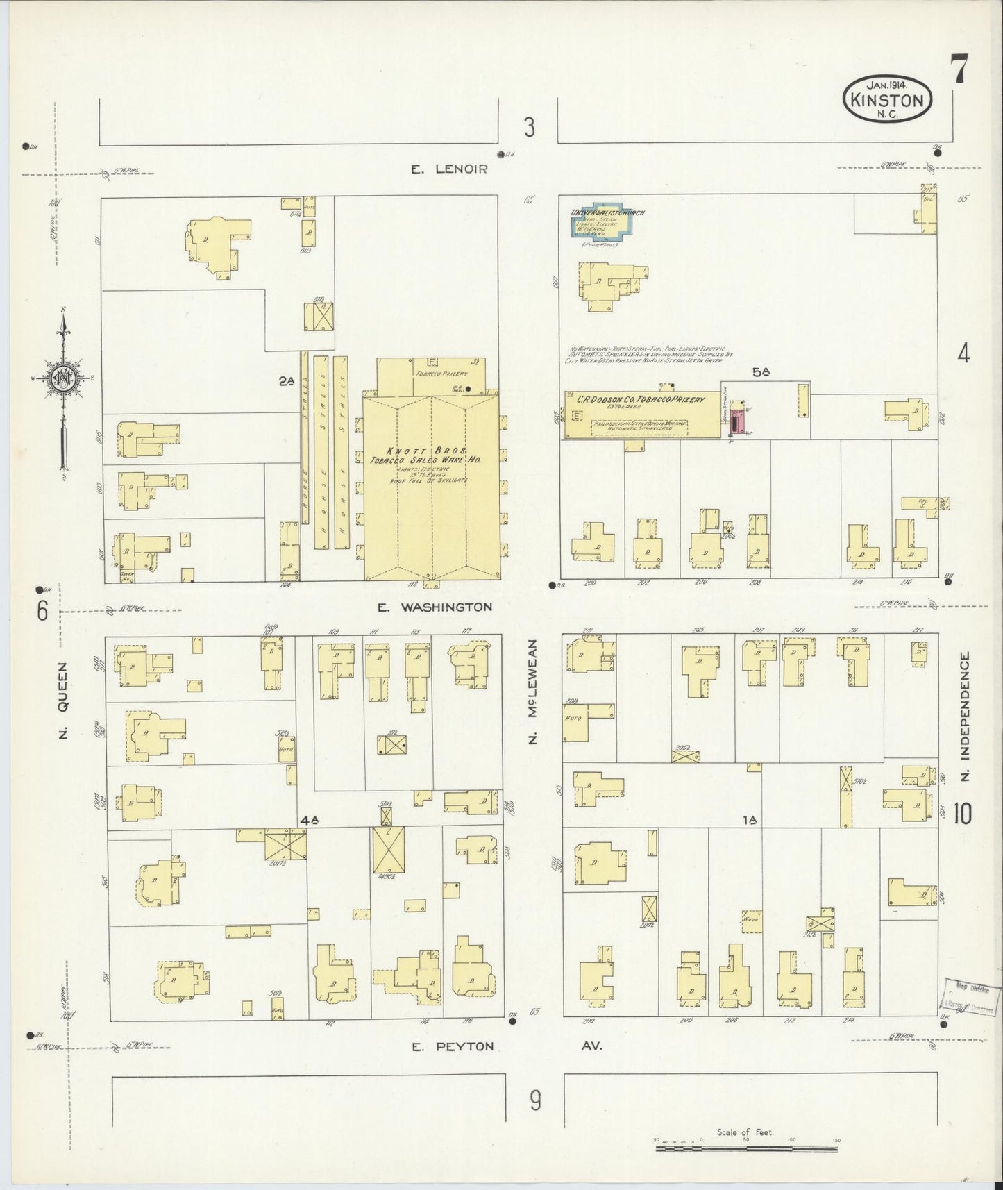 Sanborn Fire Insurance Map from Kinston, Lenoir County, North Carolina (1914), Sheet #0007 - Historic Sanborn Fire Insurance Map Print, vintage old map wall art, antique decor, genealogy gift, North Carolina North Carolina map