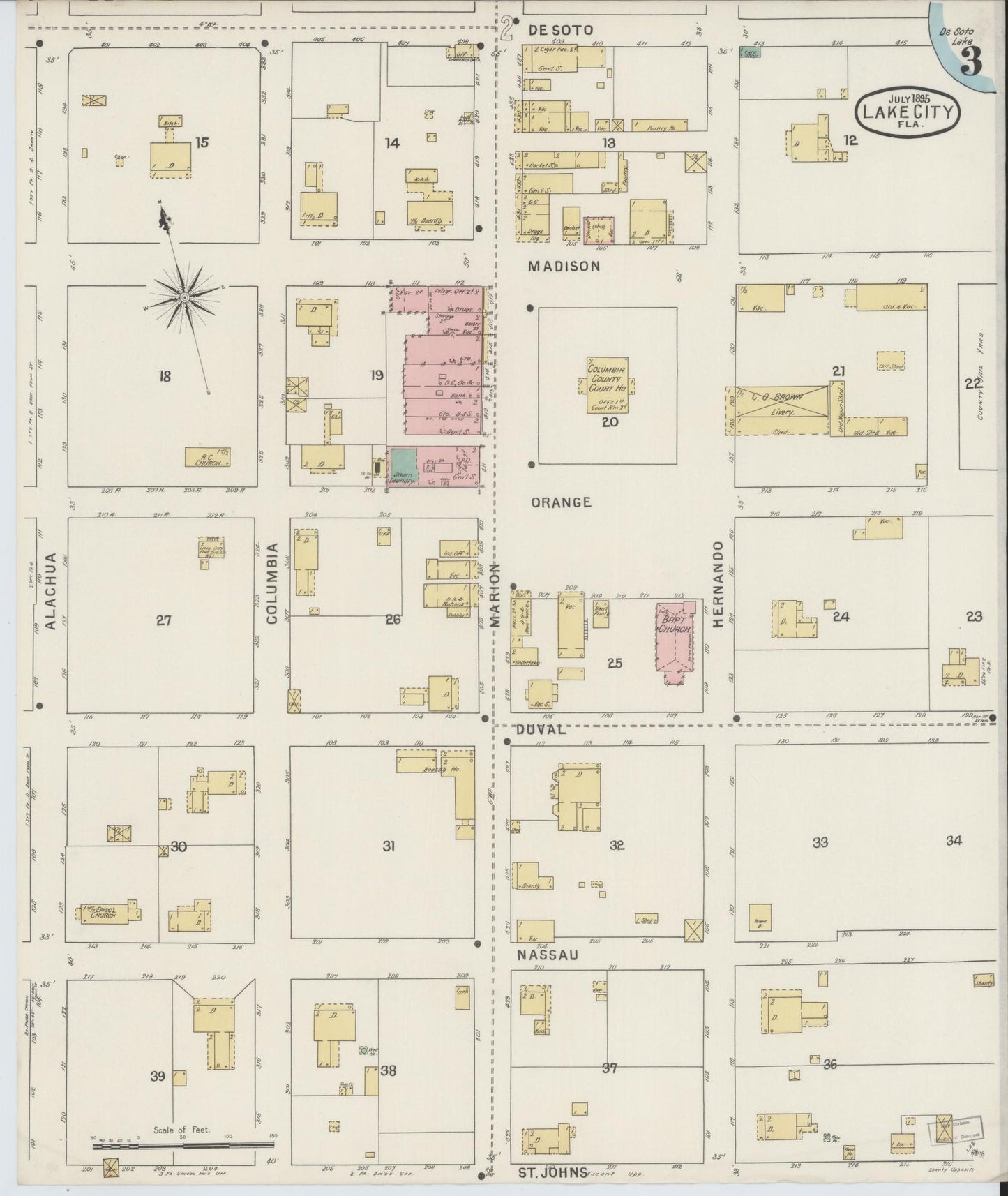 Sanborn Fire Insurance Map from Lake City, Columbia County, Florida (1895), Sheet #0003 - Complete Map Set gallery image, historic Sanborn map, vintage wall art, Florida Florida