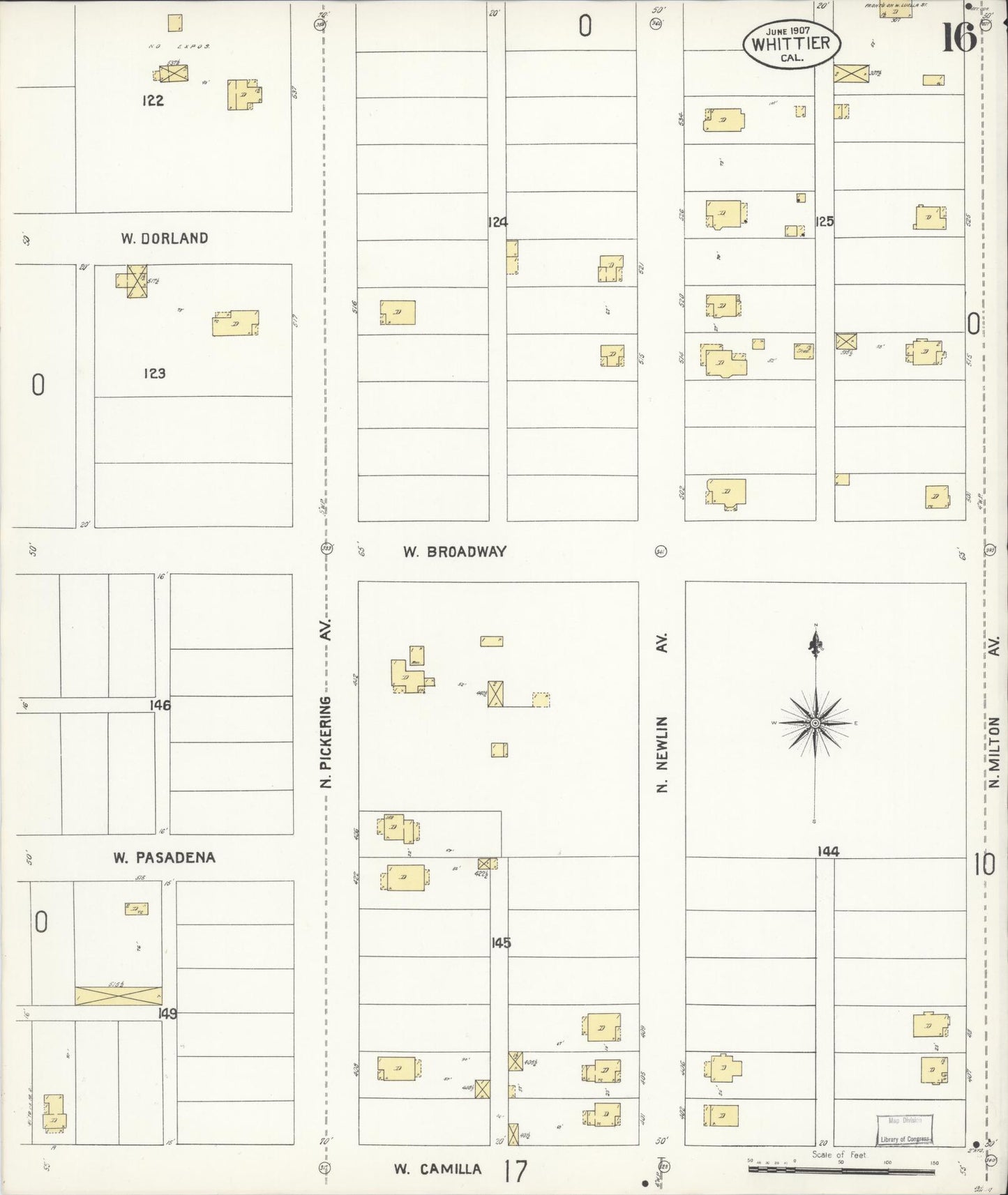 Sanborn Fire Insurance Map from Whittier, Los Angeles County, California (1907), Sheet #0016 - Complete Map Set gallery image, historic Sanborn map, vintage wall art, California California