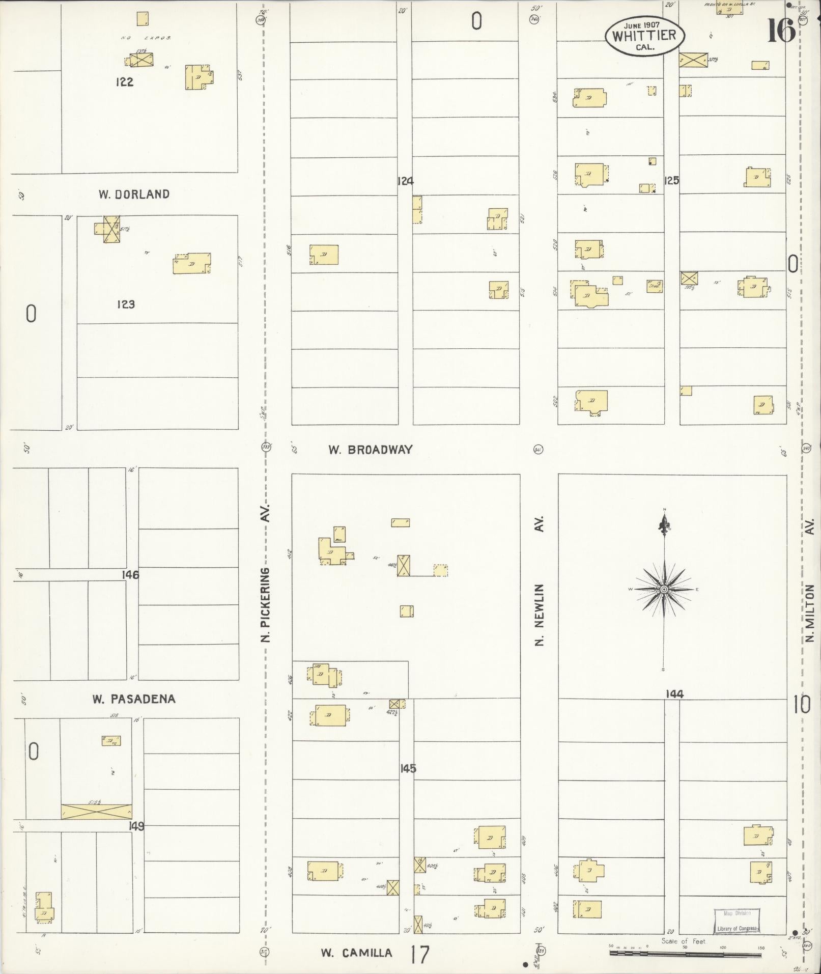 Sanborn Fire Insurance Map from Whittier, Los Angeles County, California (1907), Sheet #0016 - Complete Map Set gallery image, historic Sanborn map, vintage wall art, California California