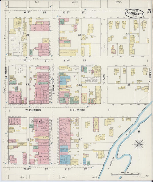 Sanborn Fire Insurance Map from Rochester, Olmsted County, Minnesota (1890), Sheet #0005 - Historic Sanborn Fire Insurance Map Print, vintage old map wall art, antique decor, genealogy gift, Minnesota Minnesota map