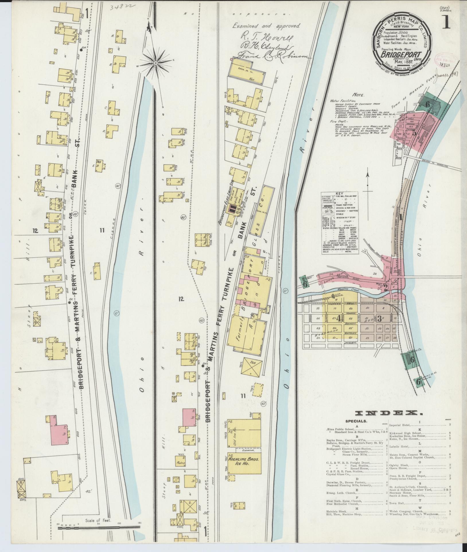 Sanborn Fire Insurance Map from Bridgeport, Belmont County, Ohio (1897), Sheet #0001 - Historic Sanborn Fire Insurance Map Print, vintage old map wall art, antique decor, genealogy gift, Ohio Ohio map