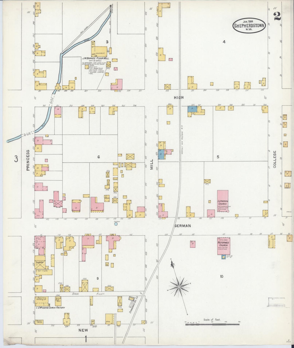 Sanborn Fire Insurance Map from Shepherdstown, Jefferson County, West Virginia (1904), Sheet #0002 - Complete Map Set gallery image, historic Sanborn map, vintage wall art, West Virginia West Virginia