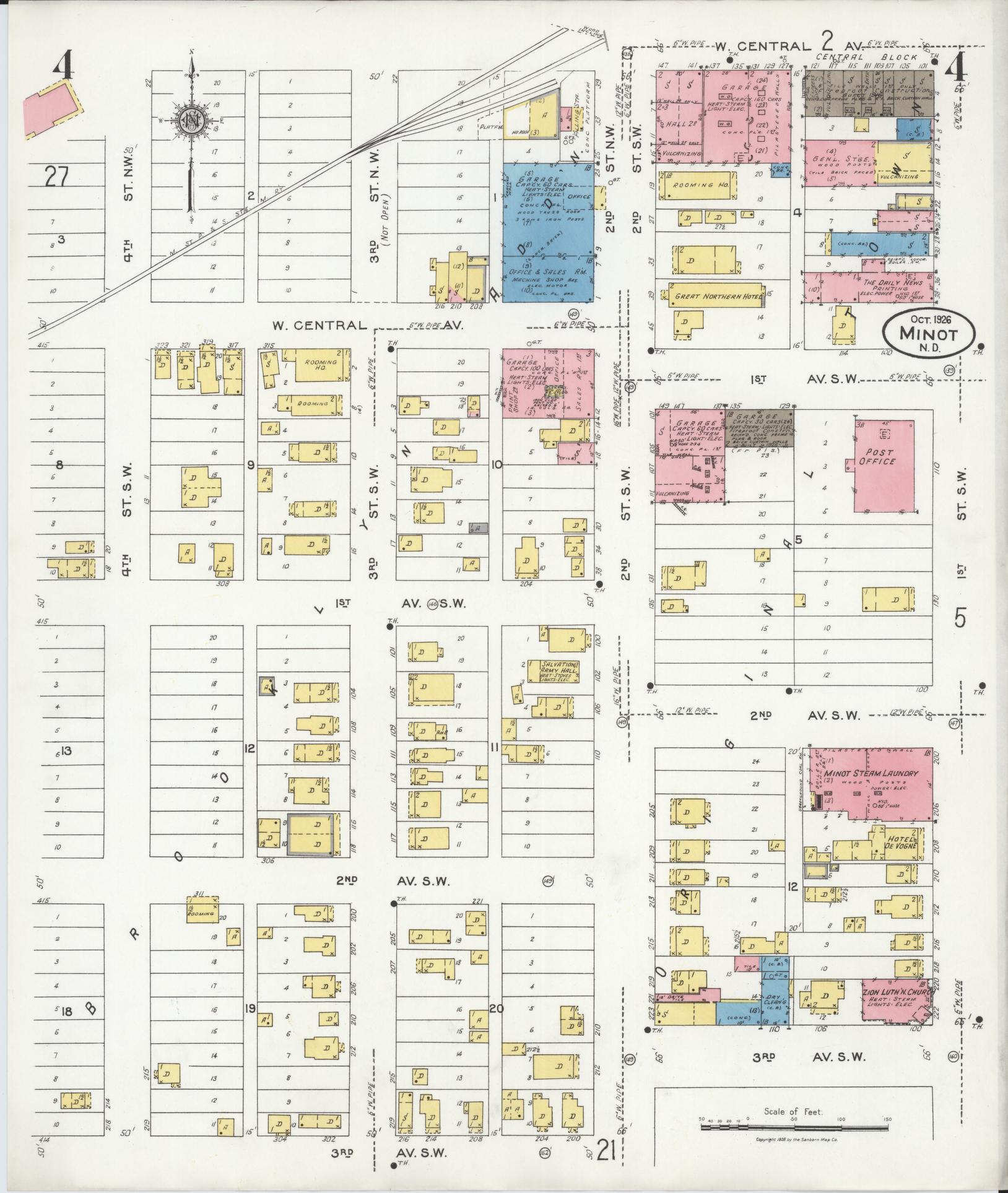 Sanborn Fire Insurance Map from Minot, Ward County, North Dakota (1926), Sheet #0004 - Historic Sanborn Fire Insurance Map Print, vintage old map wall art, antique decor, genealogy gift, North Dakota North Dakota map