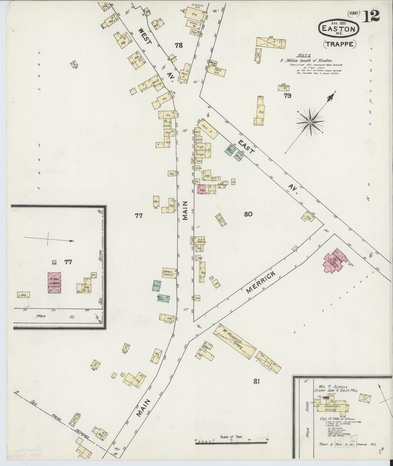 Talbot, Maryland - 1891 - Sanborn Fire Insurance Map, Sheet #0012 - Historic Sanborn Fire Insurance Map Print, Talbot Maryland 1891 0012 vintage old map wall art