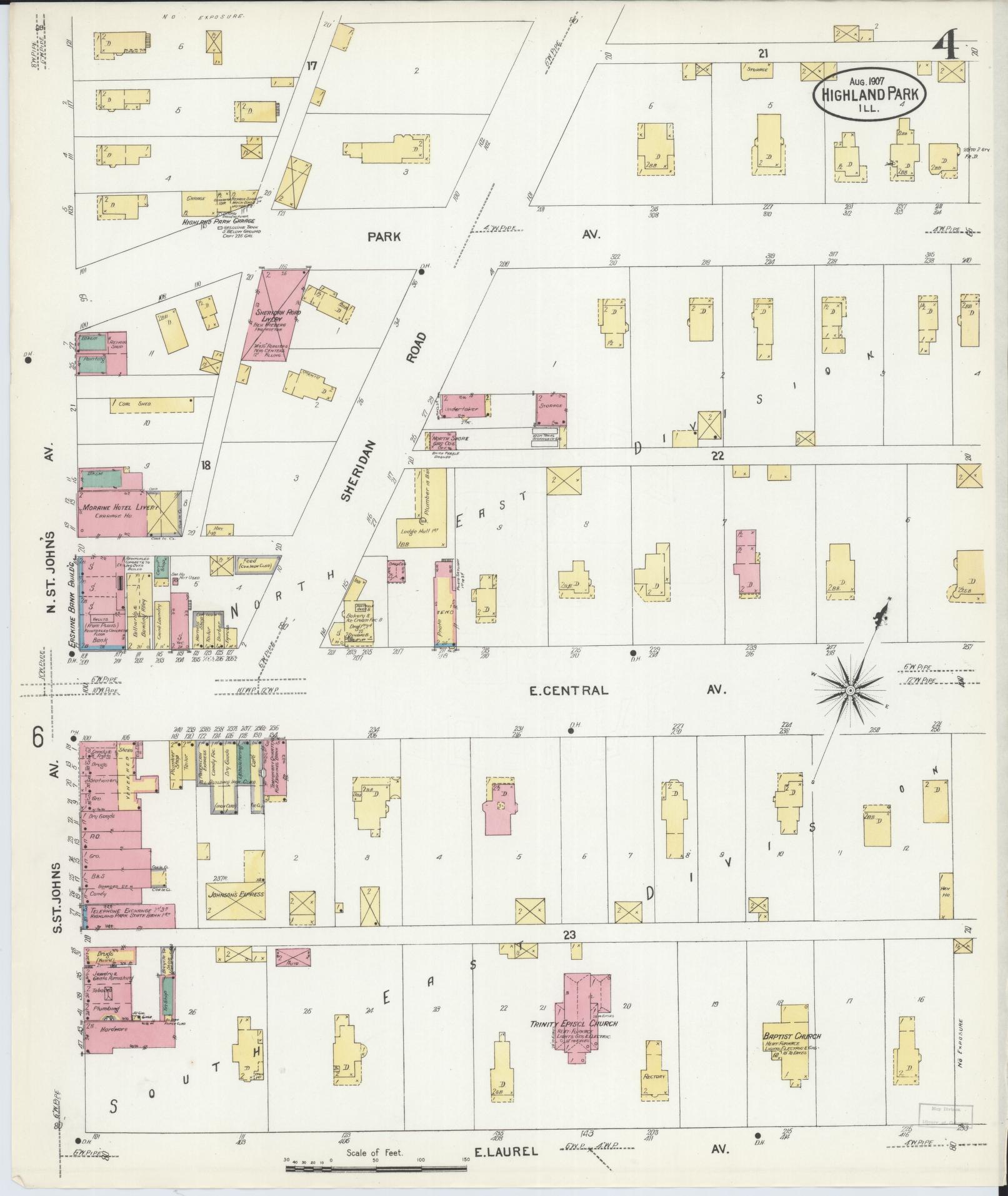 Sanborn Fire Insurance Map from Highland Park, Lake County, Illinois (1907), Sheet #0004 - Historic Sanborn Fire Insurance Map Print, vintage old map wall art, antique decor, genealogy gift, Illinois Illinois map