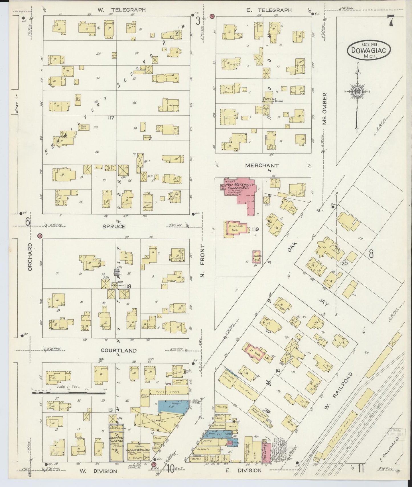 Sanborn Fire Insurance Map from Dowagiac, Cass County, Michigan (1913), Sheet #0007 - Complete Map Set gallery image, historic Sanborn map, vintage wall art, Michigan Michigan