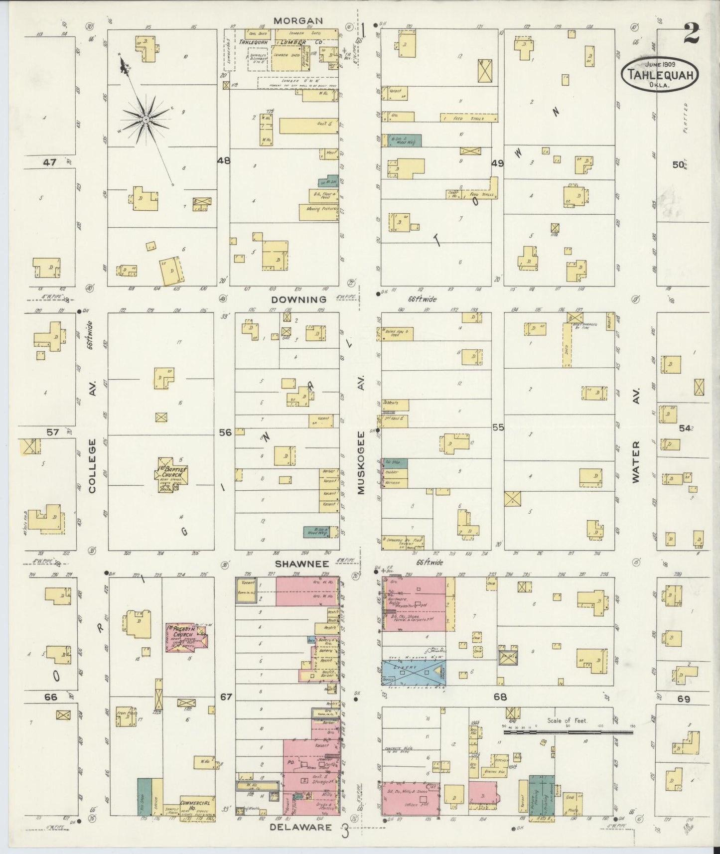 Sanborn Fire Insurance Map from Tahlequah, Cherokee County, Oklahoma (1909), Sheet #0002 - Historic Sanborn Fire Insurance Map Print, vintage old map wall art, antique decor, genealogy gift, Oklahoma Oklahoma map