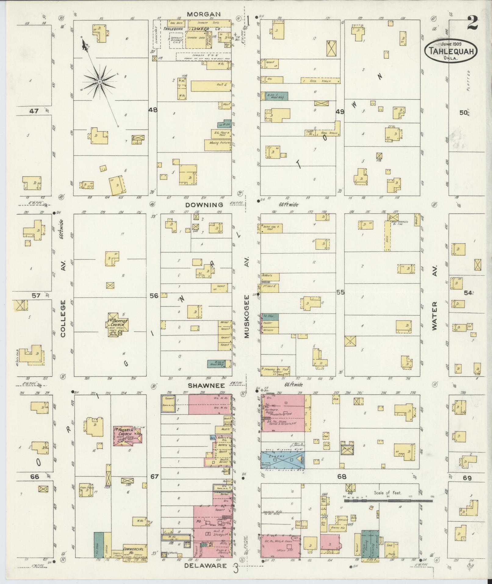 Sanborn Fire Insurance Map from Tahlequah, Cherokee County, Oklahoma (1909), Sheet #0002 - Historic Sanborn Fire Insurance Map Print, vintage old map wall art, antique decor, genealogy gift, Oklahoma Oklahoma map