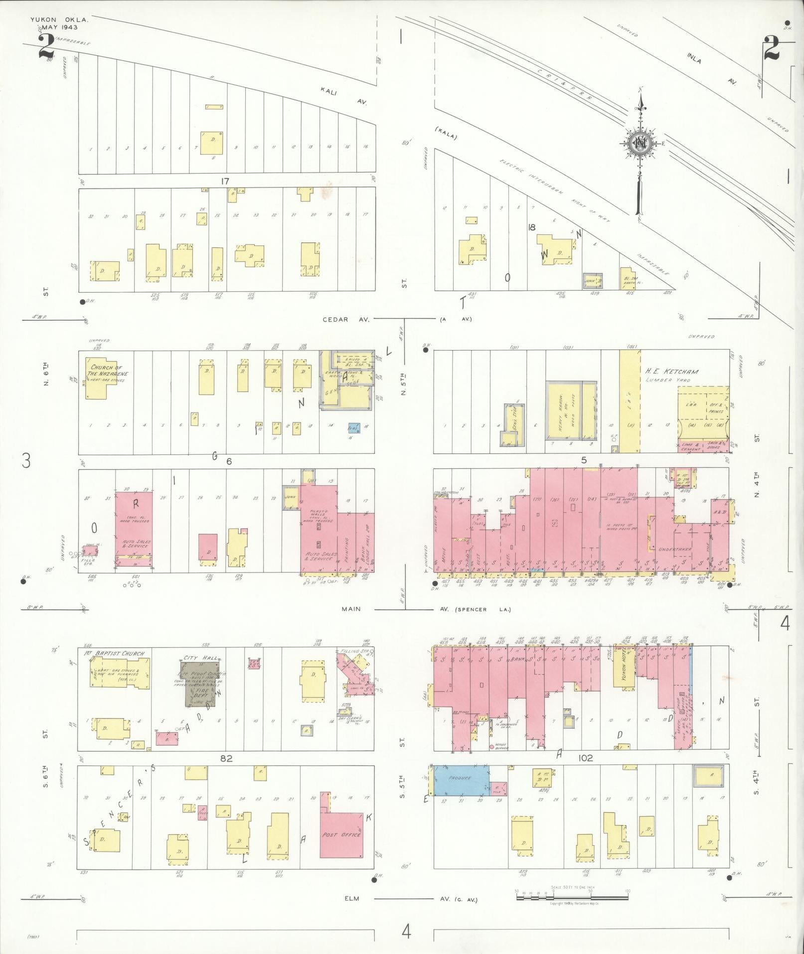 Sanborn Fire Insurance Map from Yukon, Canadian County, Oklahoma (1943), Sheet #0002 - Complete Map Set gallery image, historic Sanborn map, vintage wall art, Oklahoma Oklahoma