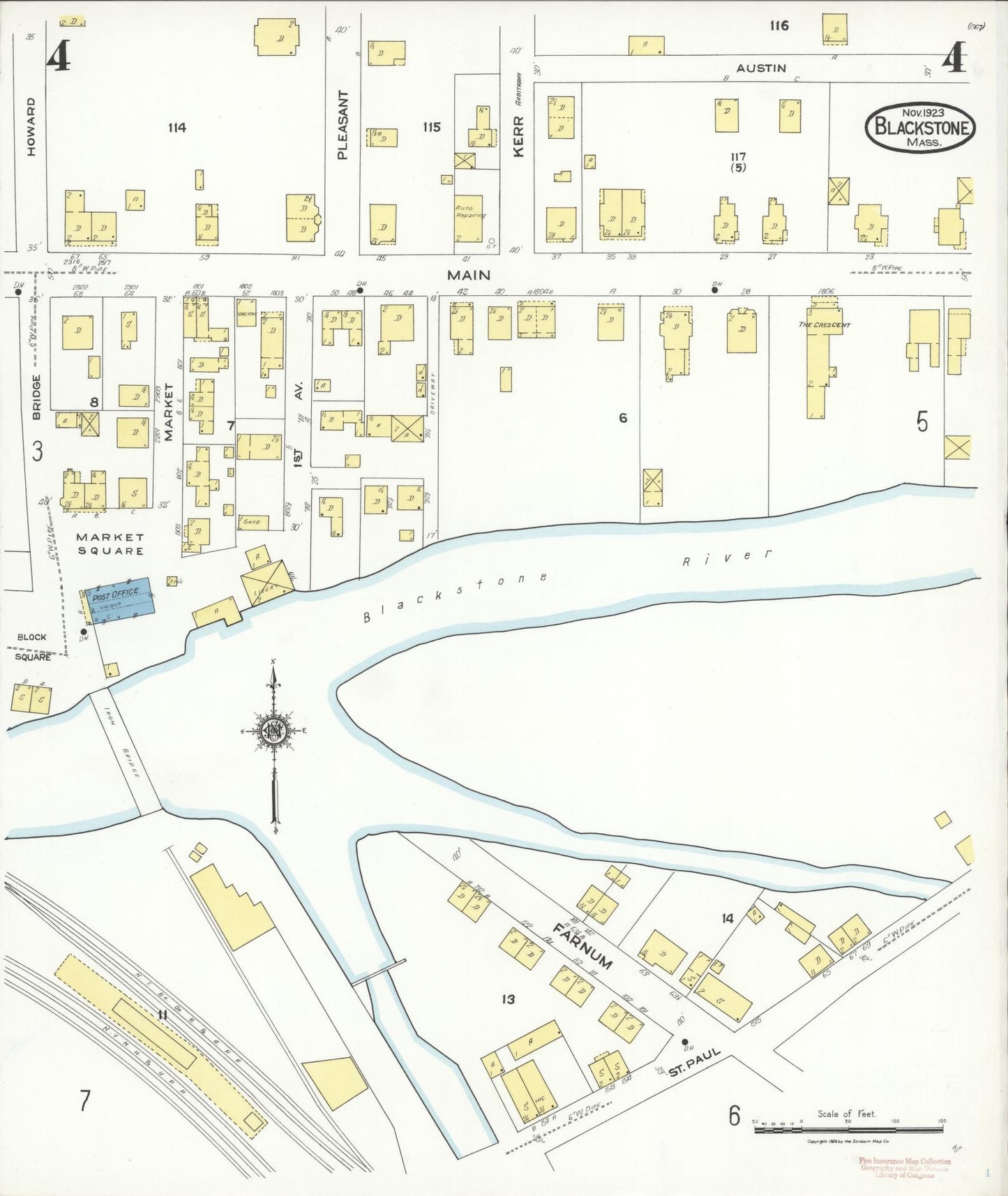 Sanborn Fire Insurance Map from Blackstone, Worcester County, Massachusetts (1923), Sheet #0004 - Historic Sanborn Fire Insurance Map Print, vintage old map wall art, antique decor, genealogy gift, Massachusetts Massachusetts map